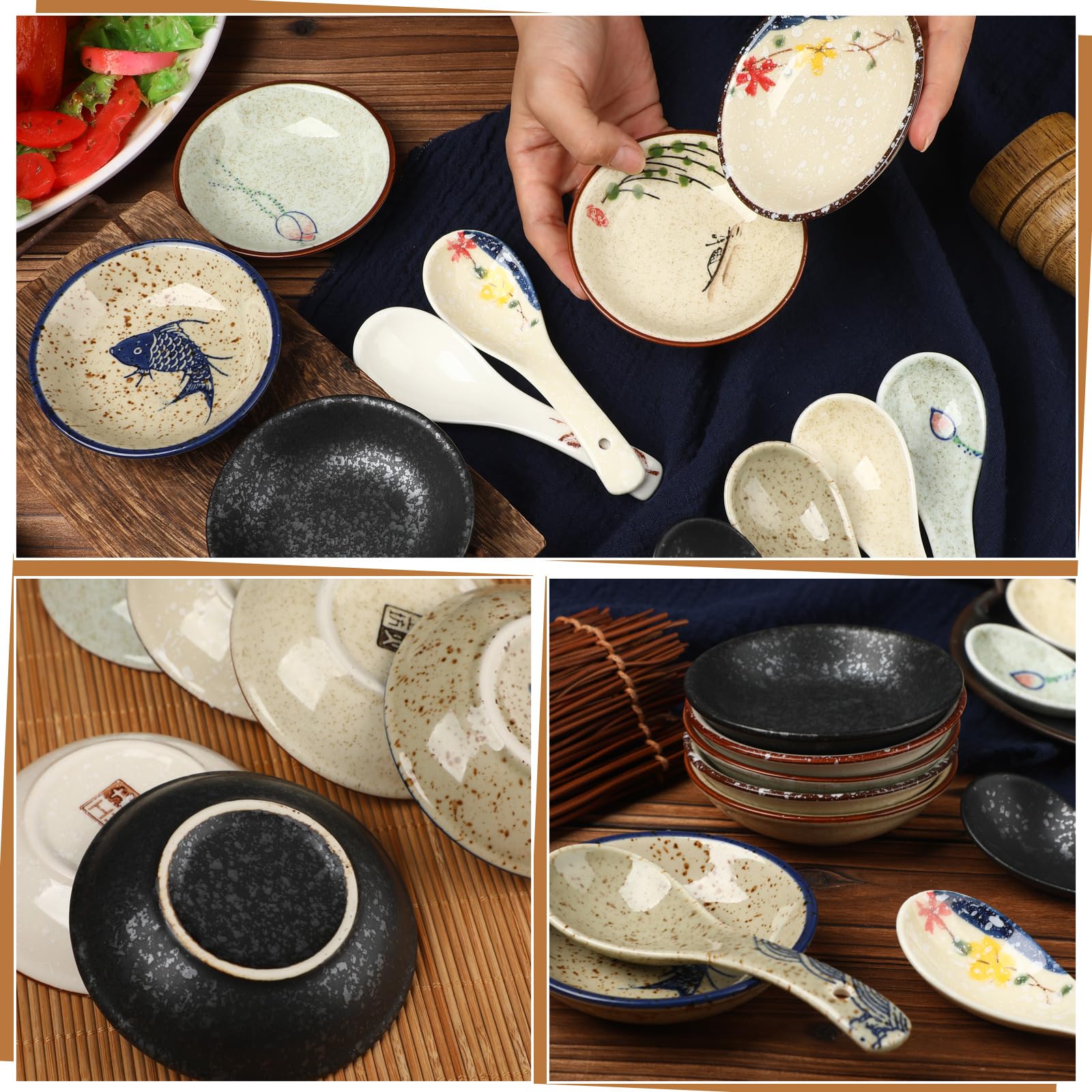 Tioncy Set Of 12 Japanese Retro Style Tableware Soy Sauce Dish Set 6 Pcs Asian Soup Spoons 6 Pcs Ramen Spoon Appetizer Plates 3.