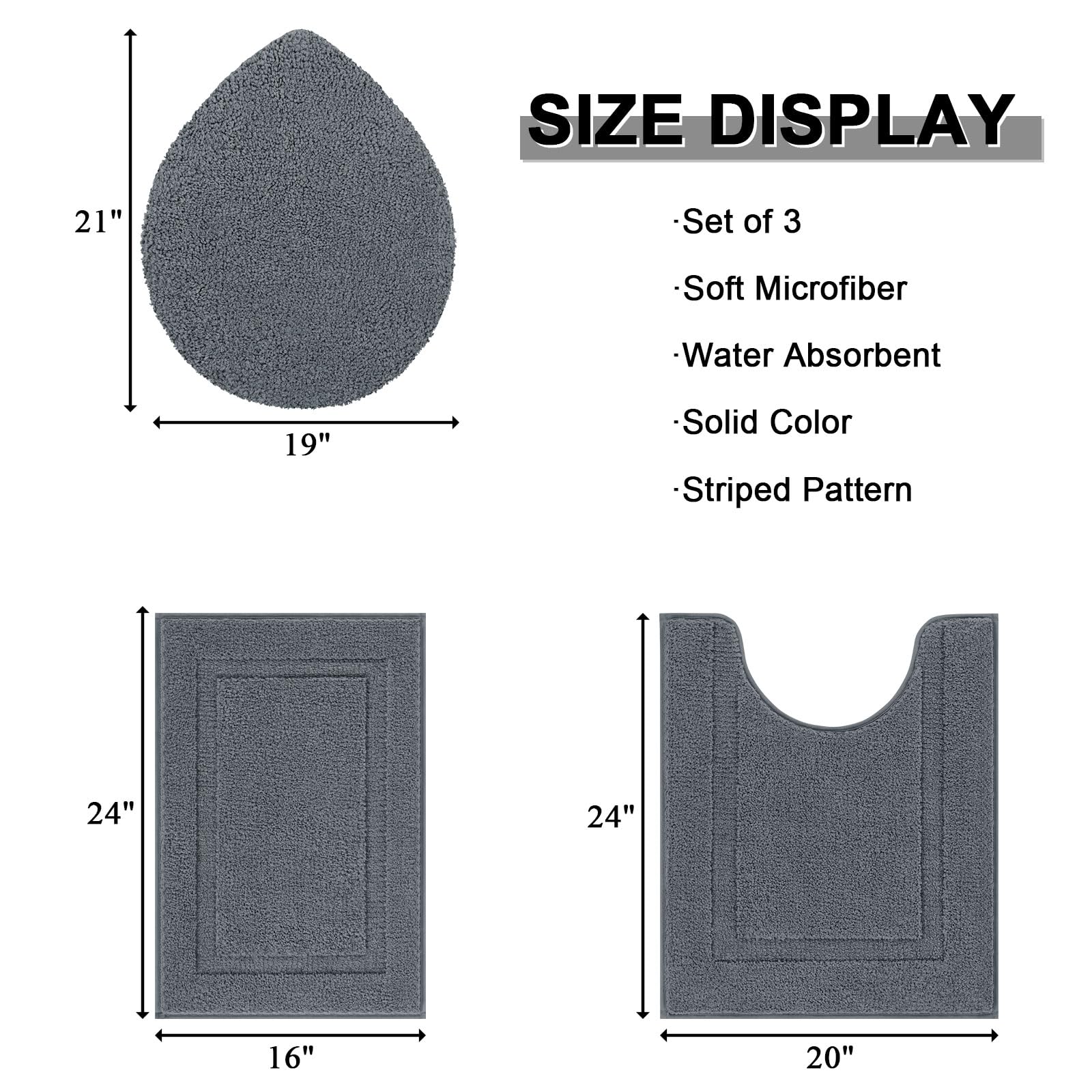 Shacos Bathroom Rugs Sets 3 Piece With Toilet Lid Cover, 16''X24''Bath Mat And 20''X24'' U-Shape Contoured Toilet Mat Machine Wa