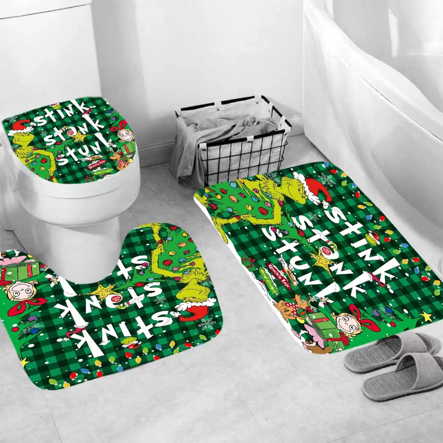 Baterzo 4 Pcs Christmas Shower Curtain Sets With Non-Slip Rugs, Toilet Lid Cover And Non-Slip U Shape Bath Mat, Christmas Bathro