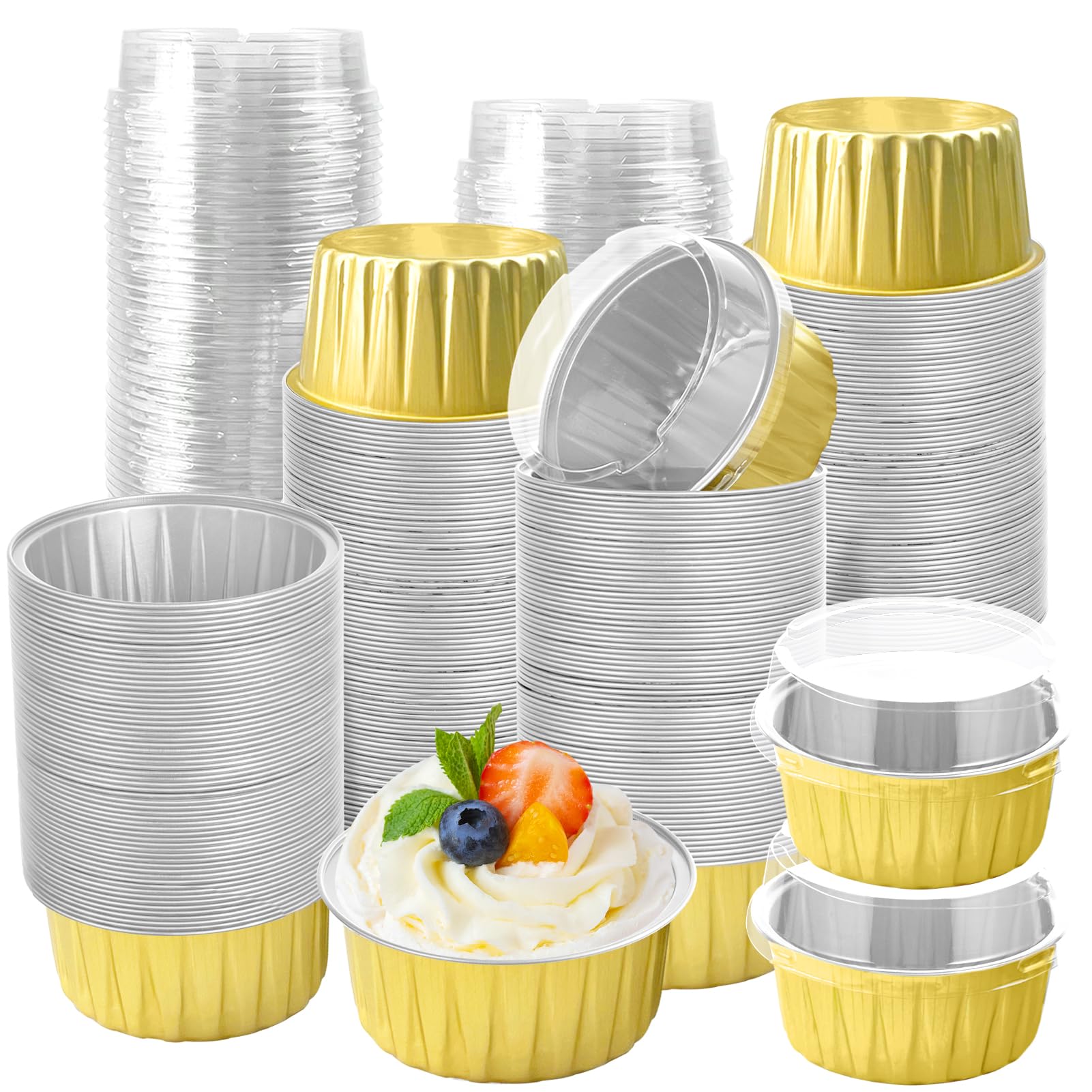 200Pcs Round Aluminum Baking Cake Pans with Clear Plastic Lids, Foil Pie Tin Tart Pans Disposable Ramekins Browni Baking Cups De