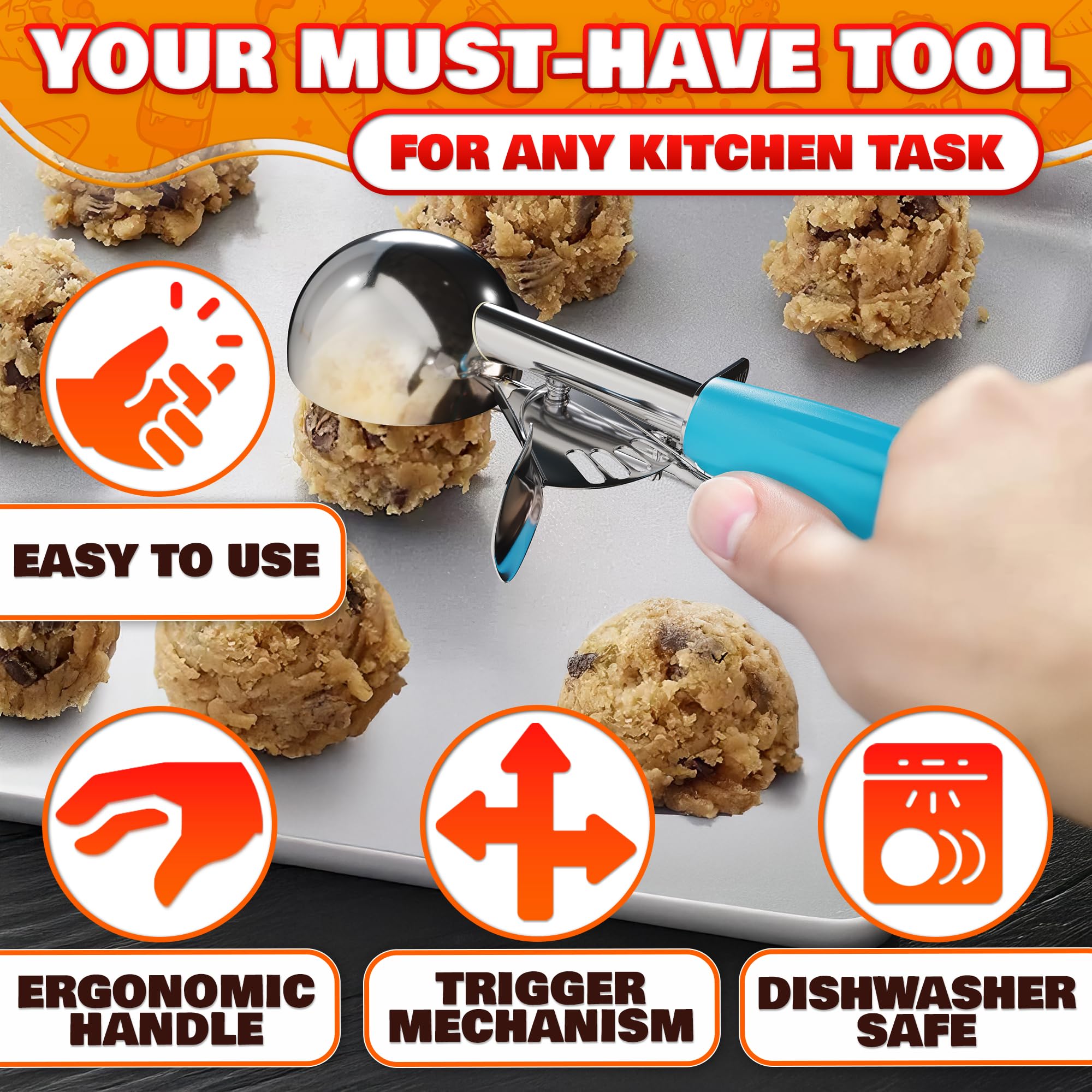 Cookie Scoop Set of 3 - Ice Cream Scoop with Trigger - Thanksgiving Cookie Scoops for Baking Set of 3, #16 (2.7 oz), #20 (2 oz),