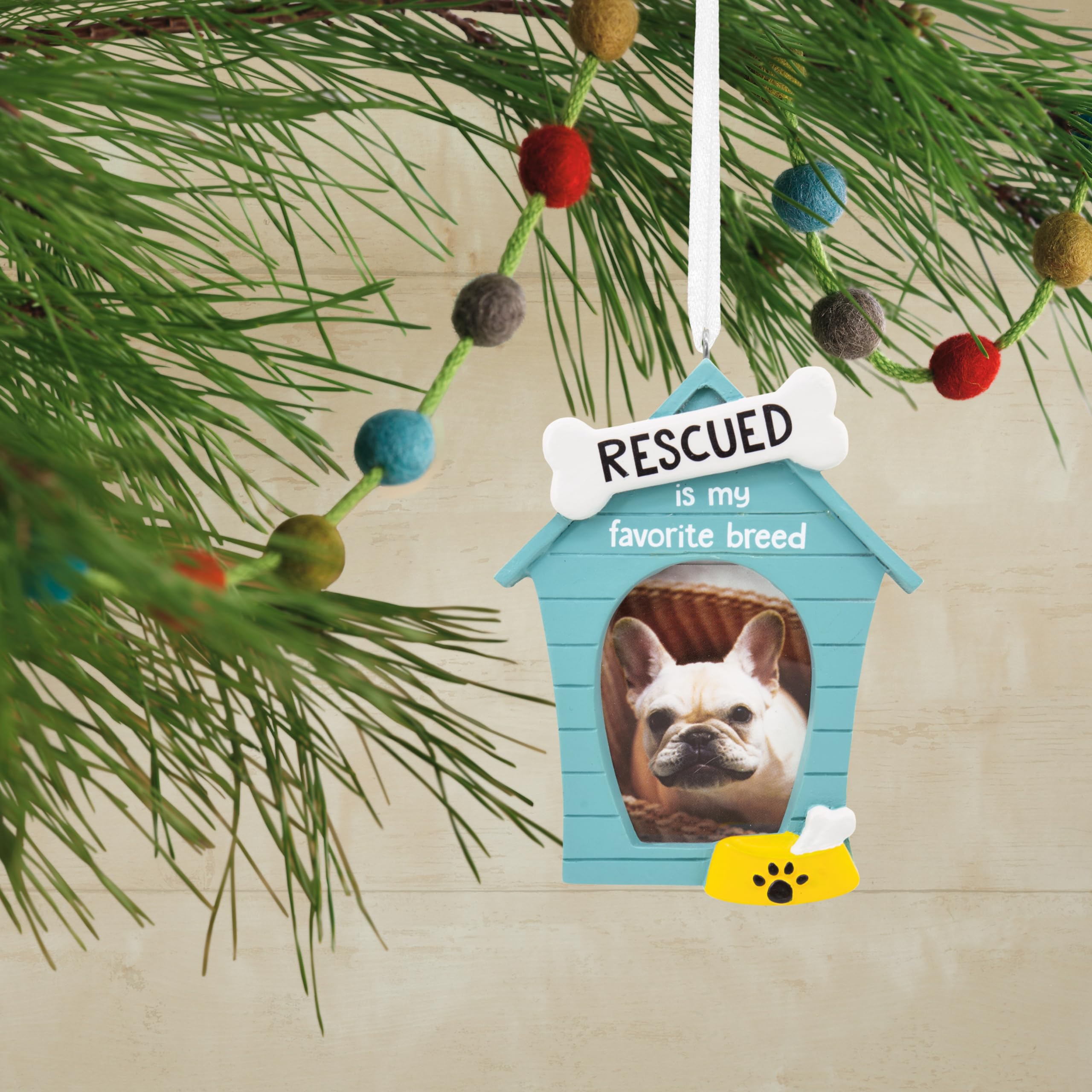 Hallmark Rescued is My Favorite Breed Blue Doghouse Photo Frame Christmas Ornament