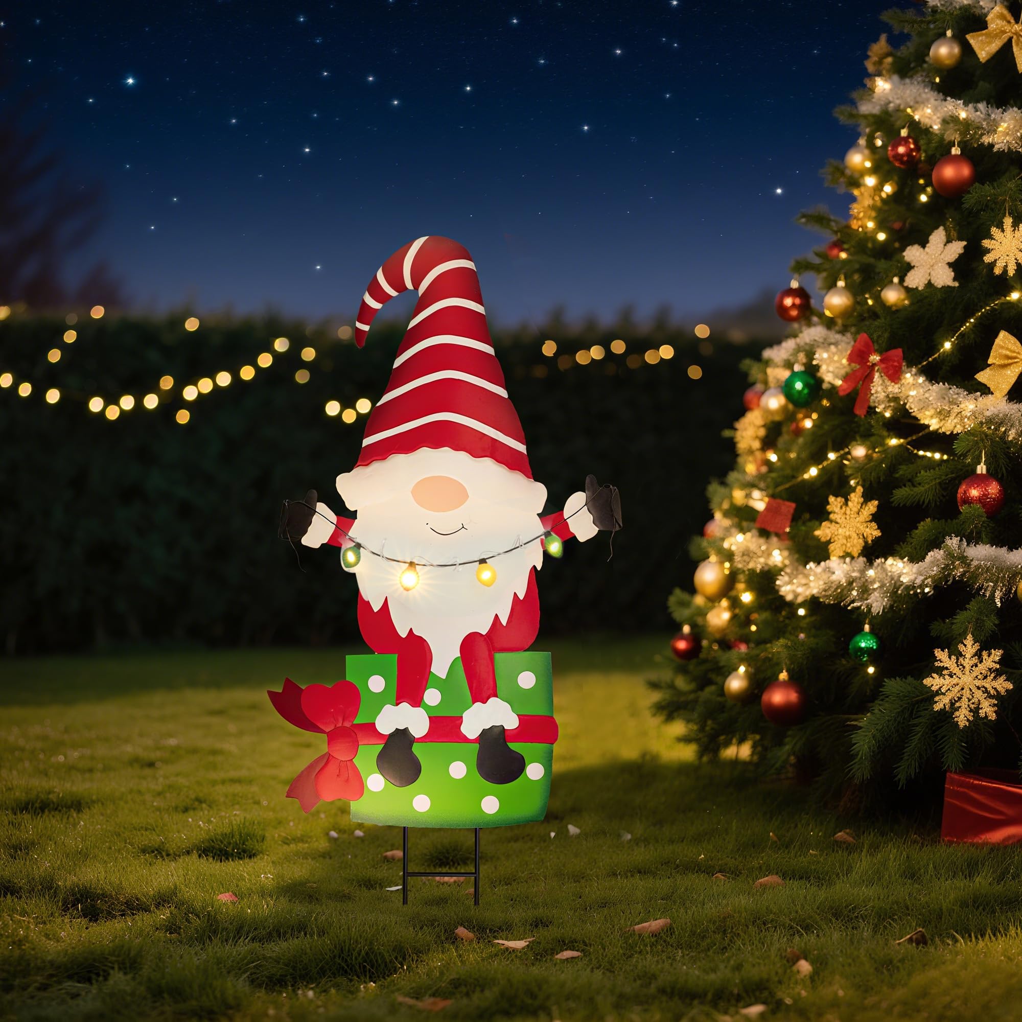 Solar LED Santa Claus Garden Metal Stake, Santa Climbing Outdoor of Chimney with Gifts Design, Waterproof Outdoor Christmas Deco