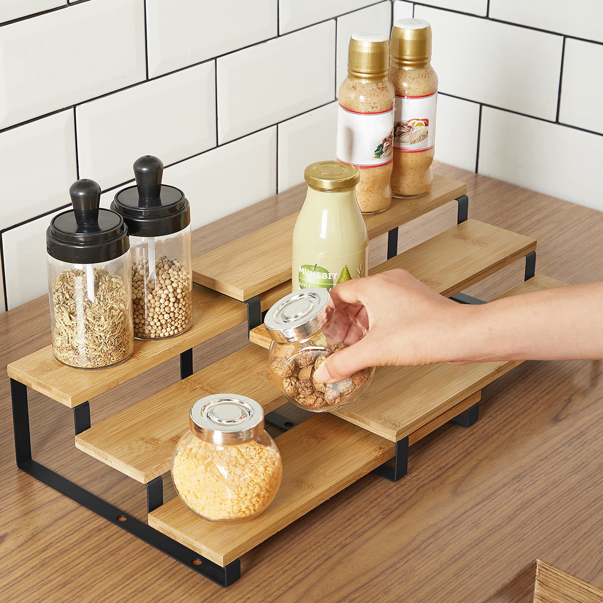 SONGMICS Display Risers, Set of 2 Bamboo Perfume Organizer Stand, 3 Tier Cupcake Stand Holder, Spice Rack, Shelf Risers for Figu