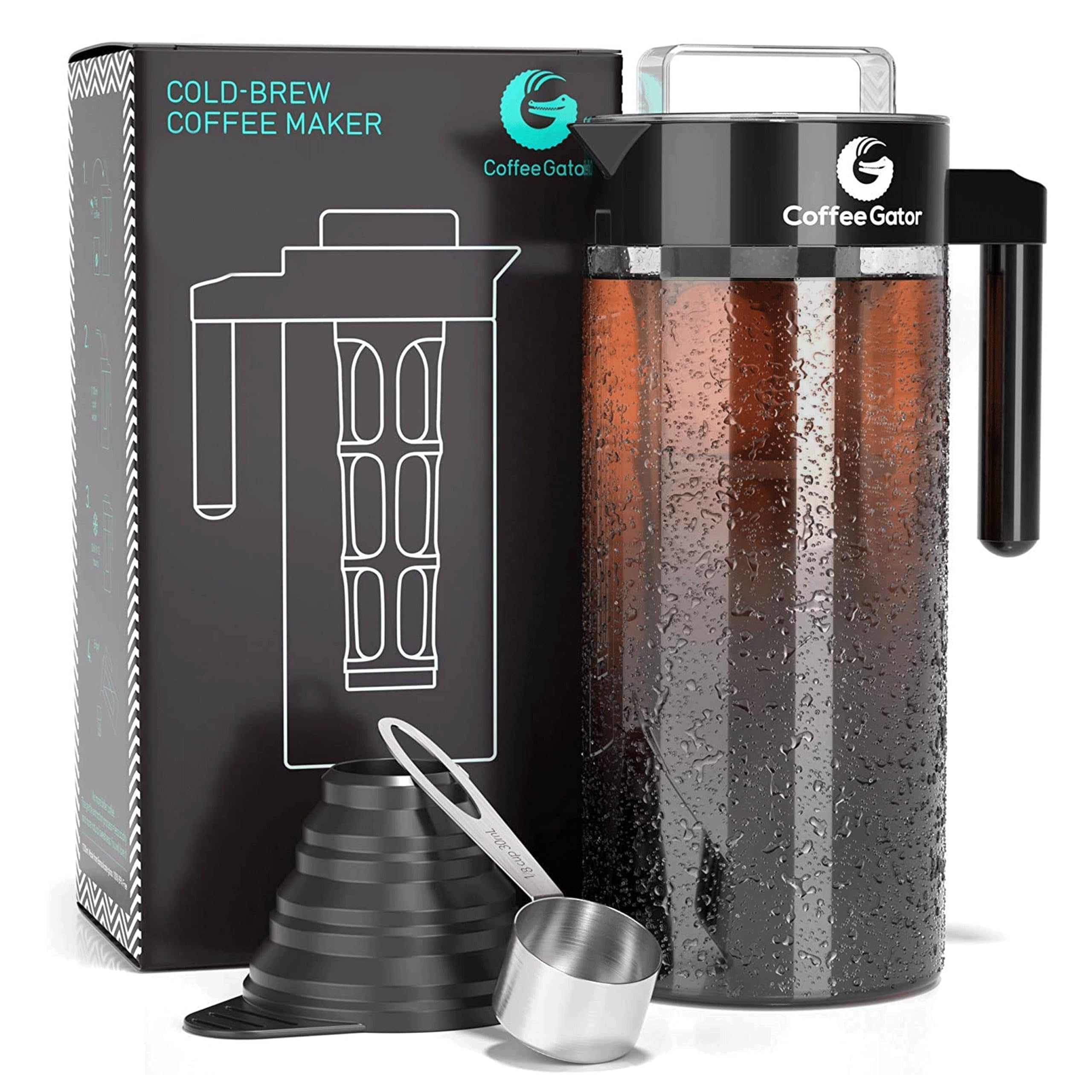 Coffee Gator Cold Brew Coffee Maker - 47 Oz Iced Tea And Cold Brew Maker And Pitcher W/Glass Carafe, Filter, Funnel & Measuring