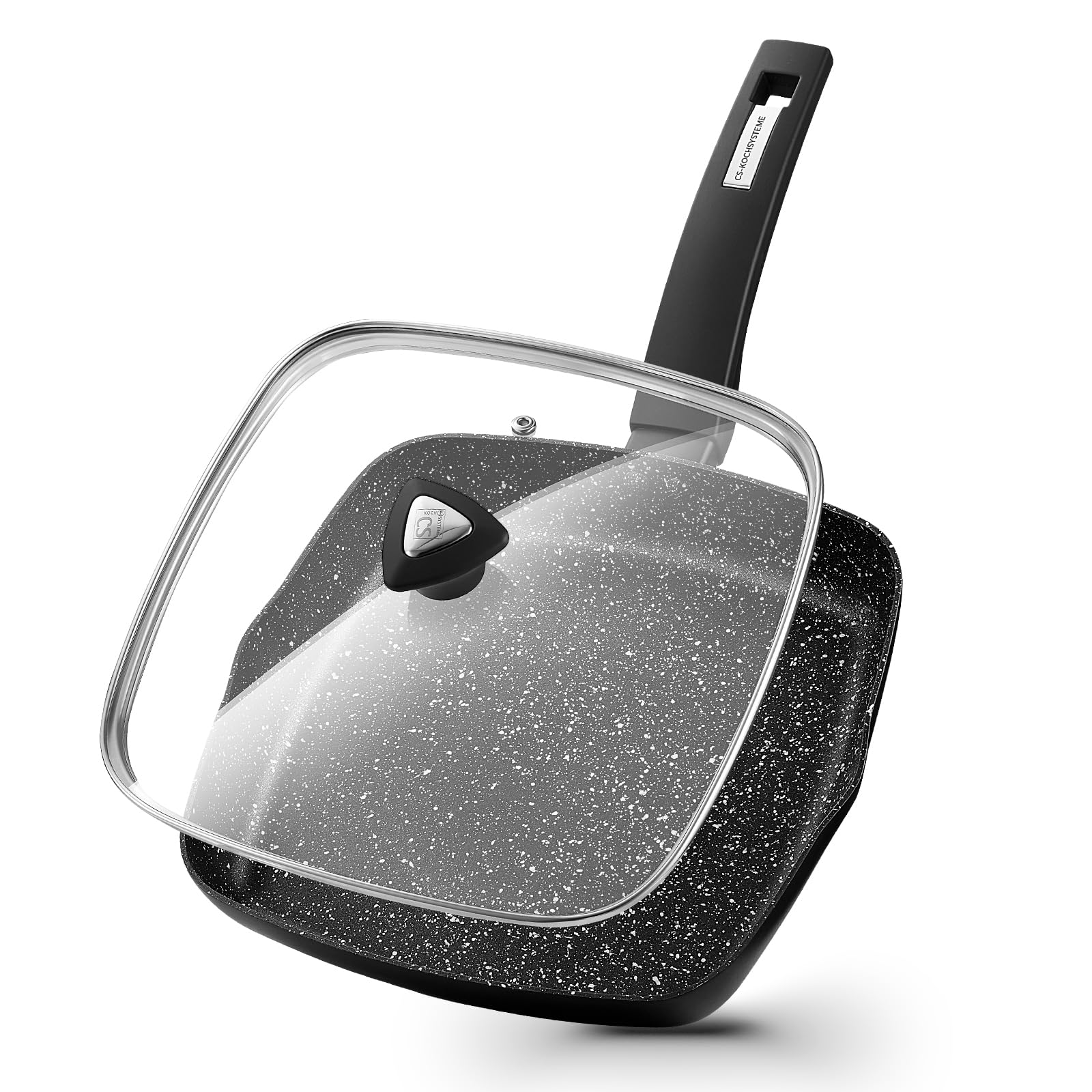 KOCH SYSTEME CS 9.5 Inch Nonstick Grill Pan for Stove Tops, Marble Coating Square Grill Skillet with Lid, Fry Pan Compatible wit