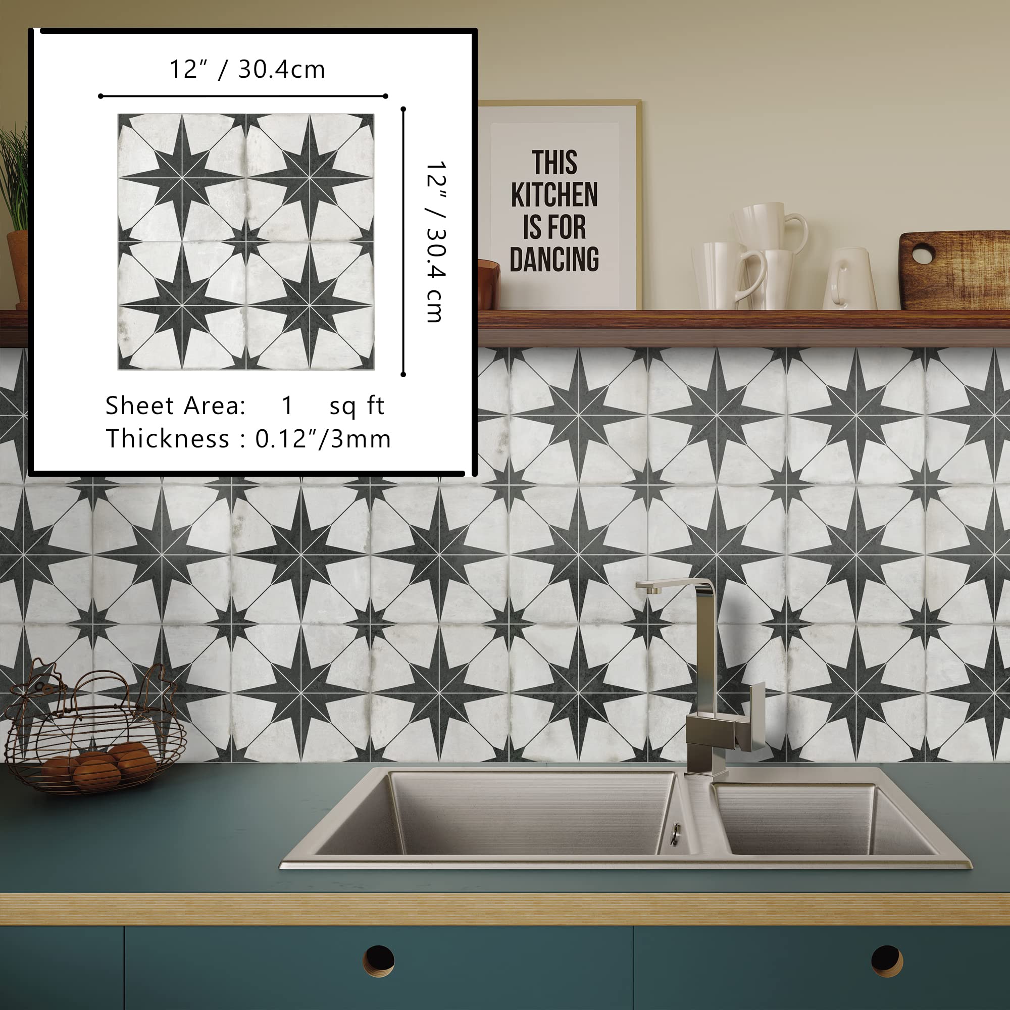 Peel And Stick Encaustic Backsplash Tile. Black Star Patterned Stick On Tile. Self-Adhesive Wall Tile Sticker For Kitchen Bathro