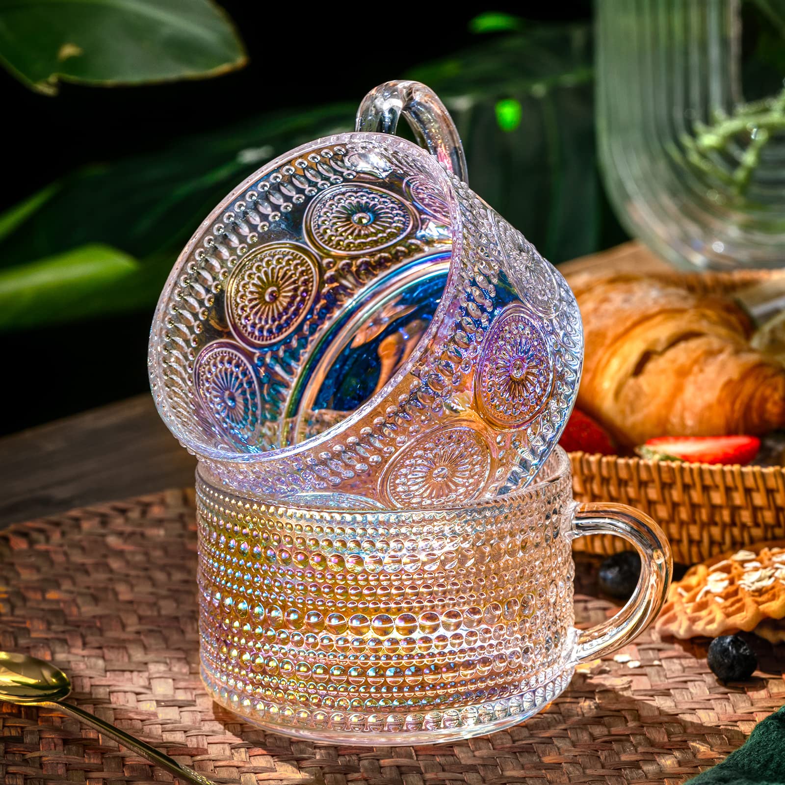 Gezzeny Vintage Glass Coffee Mugs 14 Oz Set Of 2 Iridescent Embossed, Tea Cups,Glass Coffee Cups For Cappuccino, Latte,Cereal, Y