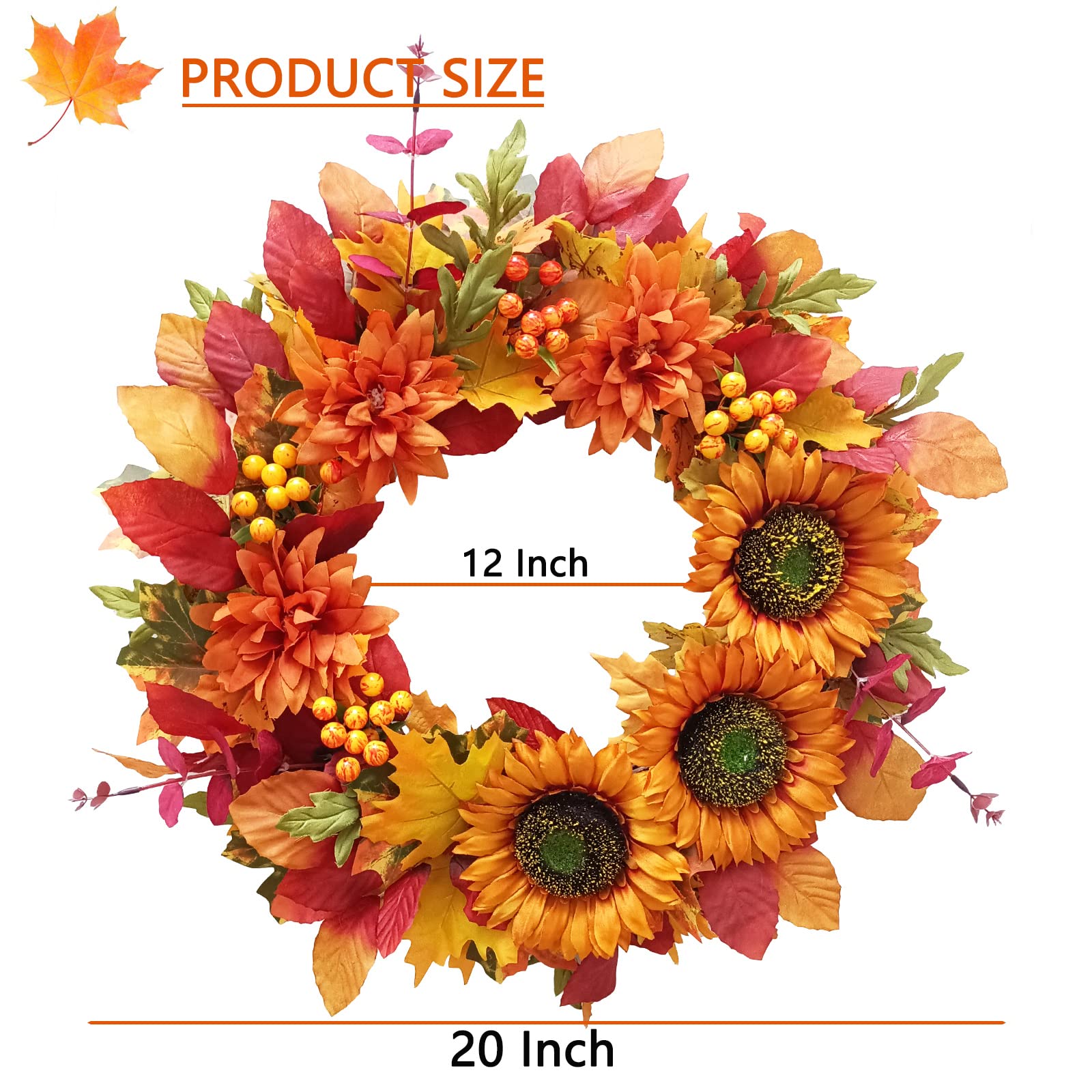 TOKCARE Fall Wreaths for Front Door,20 Inch Sunflower Wreath Fall Decorations for Home Decor Autumn Thanksgiving Halloween Indoo