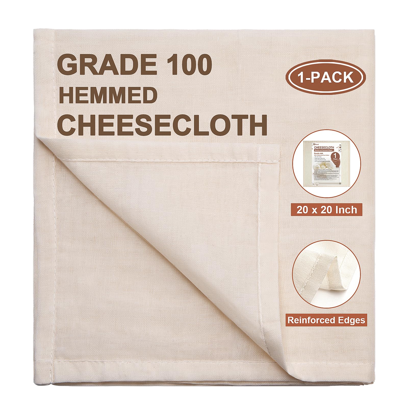 eFond Cheesecloth  Precut 20x20Inch  Grade 100 Hemmed Cheese Cloths for Cooking Reusable and Washable  100% Unbleached Pure Cotton Muslin Cloths for Straining Butter  Coffee  Nut Milk (1 Piece)