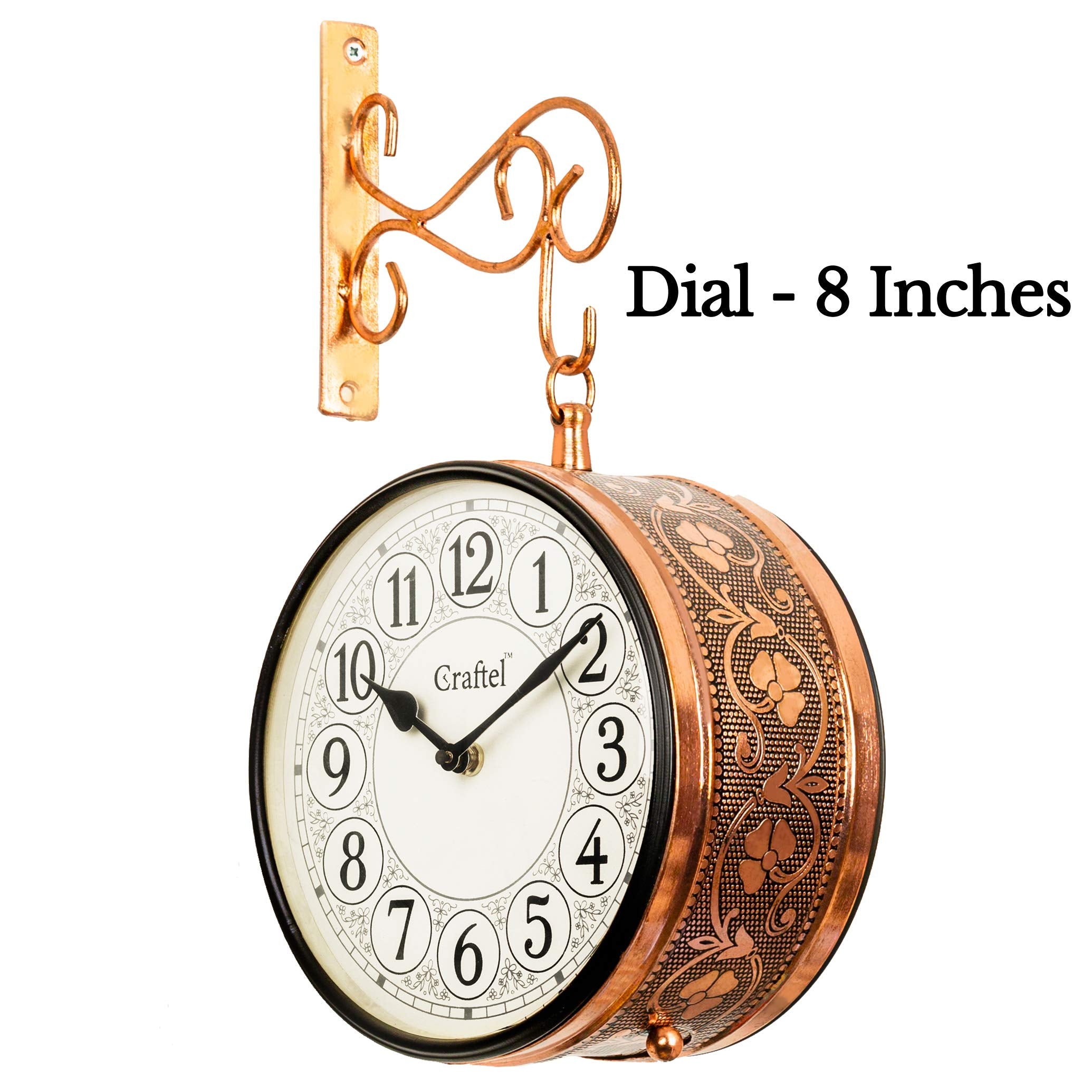 CRAFTEL Metal Analog Railway Wall Clock Vintage Double Sided Hanging Clock for Living Room Home and Office (Dial - 8 Inches, Ros