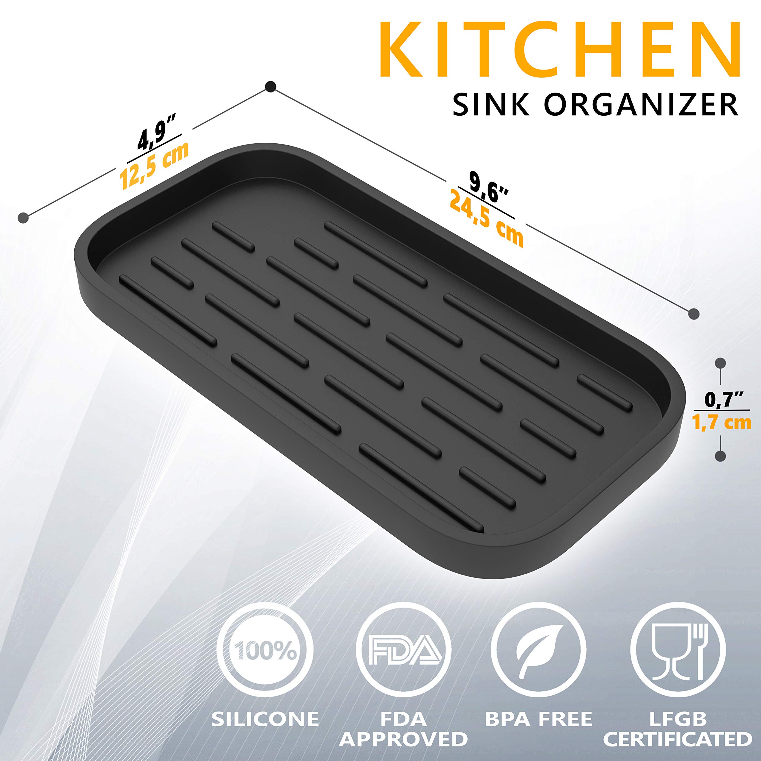 Zappoware Kitchen Sink Organizer | Silicone Sponge Holder - Storage Tray For Dish Sponge, Soap Dispenser, Scrubber 9.6''X 4.9''