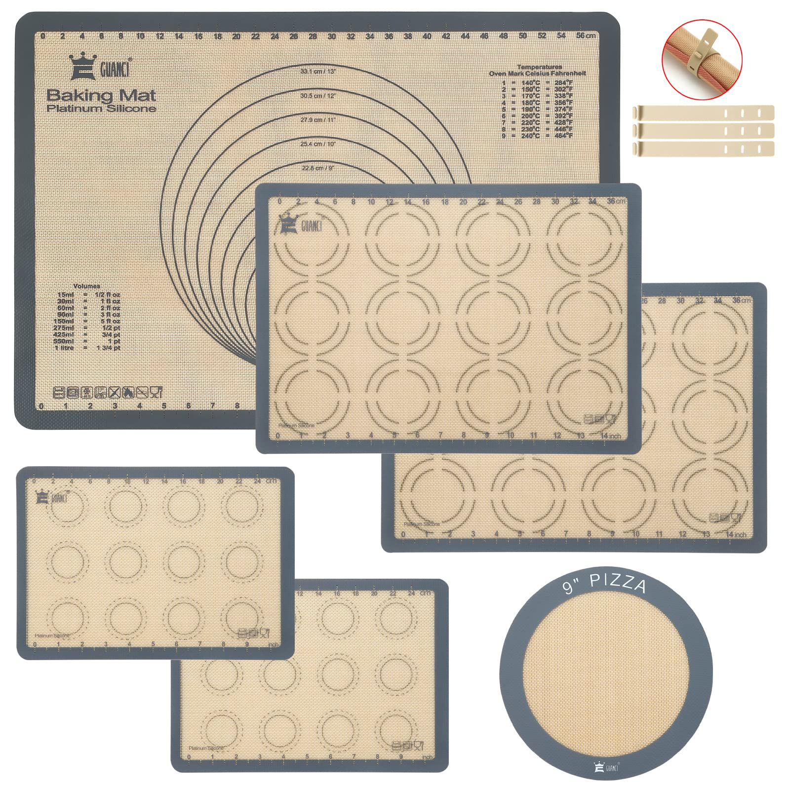 Silicone Baking Mat Set of 6, GUANCI Grade Food Baking mats Non-Stick Reusable Pizza Bakeware Mat for Making Macaroon, Pizza, Co