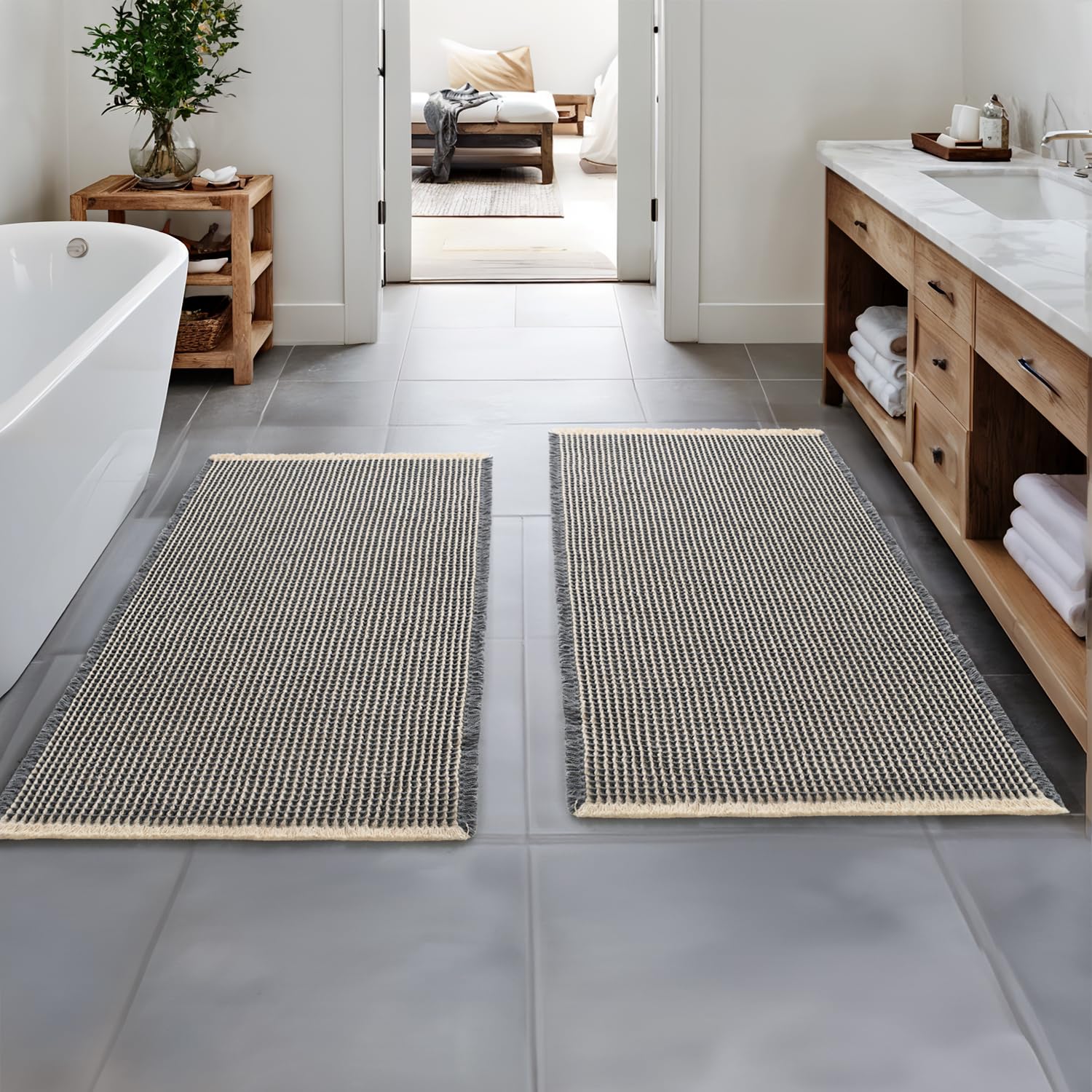 MIULEE Set of 2 Waffle Bathroom Runner Rugs, Boho Bath Rugs Non Slip Washable, Super Absorbent Runner Bath Mats Rubber Backed, I