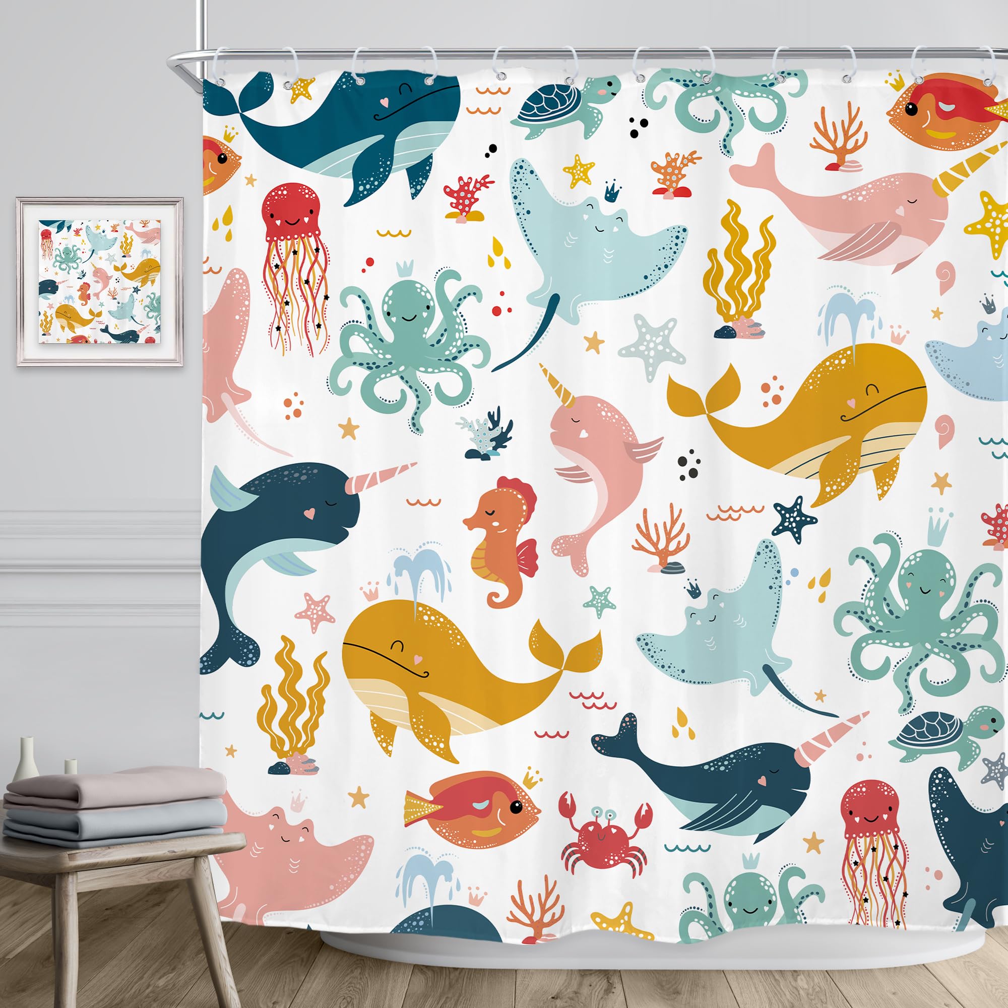 Riyidecor Funny Whale Kids Shower Curtain 72Wx72H Inch Cartoon Dolphin Curtains Cute Marine Animal Ocean Fish Underwater Sealife