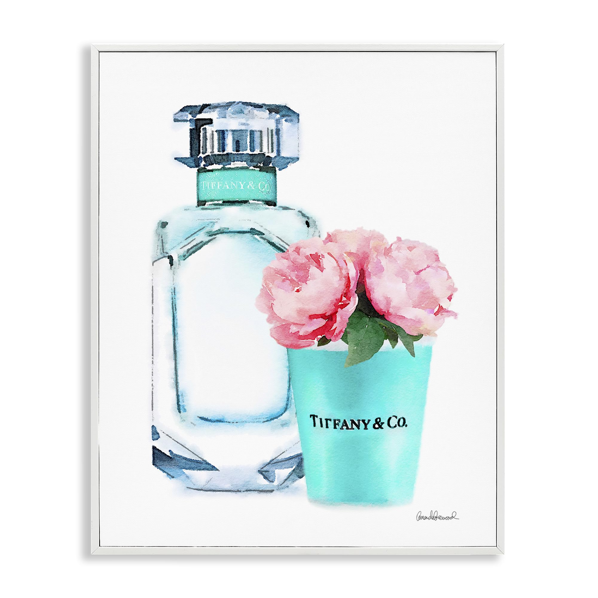 Stupell Industries Teal Perfume Bottle and Peonies, Framed Giclee Art, White, 24 x 30 Inches, Easy to Hang and Sturdy, Made in