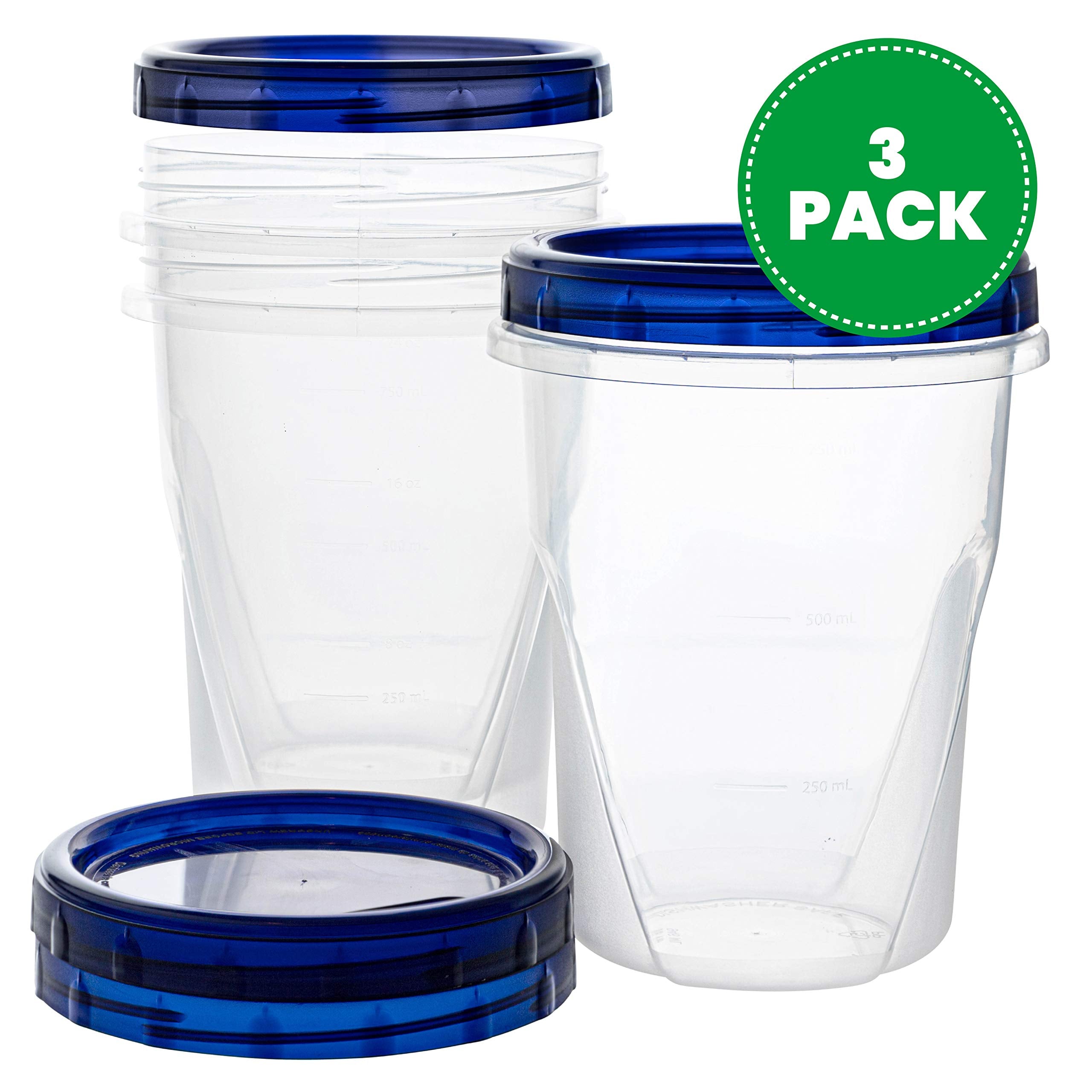 Plasticpro [32 Oz 3 Pack] Twist Top Deli Containers Clear Bottom With Blue Top Twist On Lids Reusable, Stackable, Food Storage F