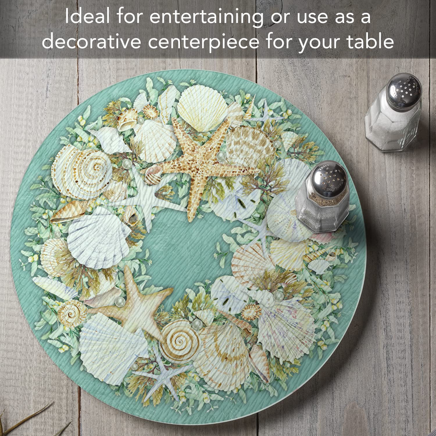 Counterart Coastal Wreath 4Mm Heat Tolerant Tempered Glass Lazy Susan Turntable 13    Diameter Cake Plate Pizza Server