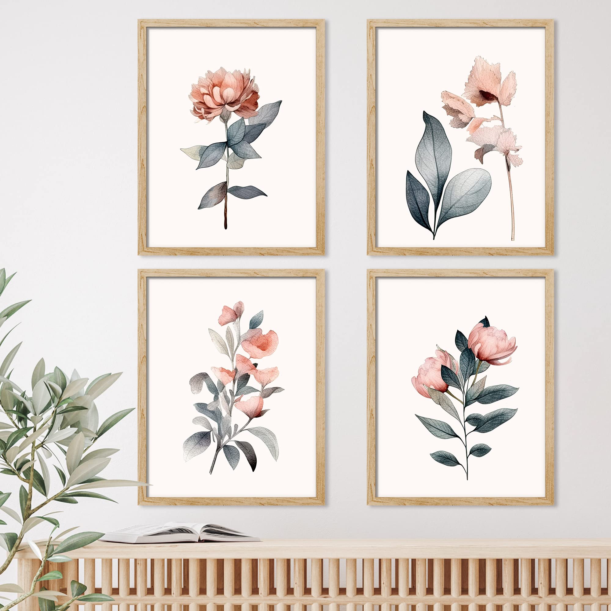Signwin Framed Teal & Pink Pastel Rose Flowers Wall Art, Set Of 4 Nature Wilderness Wall Decor Prints, Botanical Floral Wall D