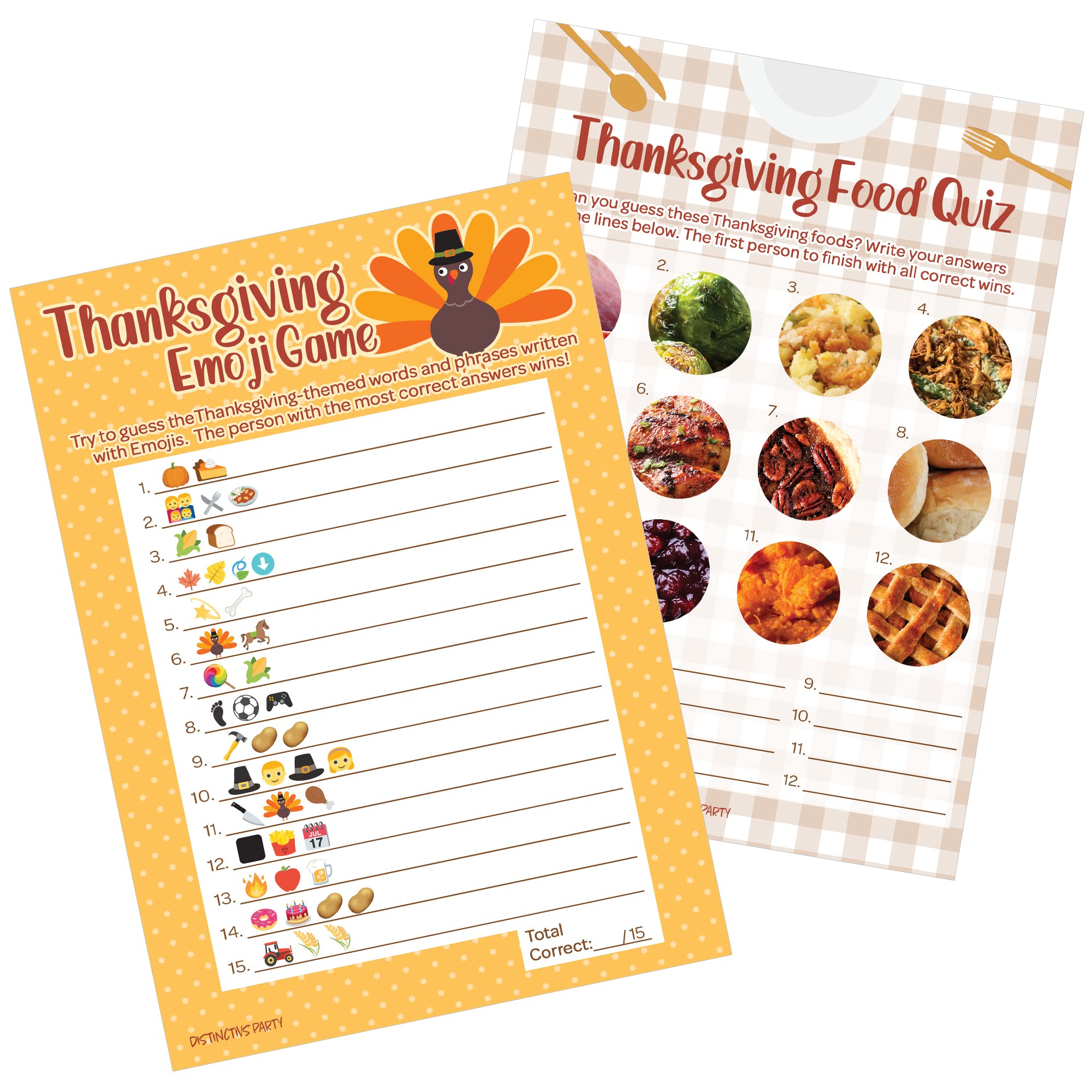 DISTINCTIVS Thanksgiving Party Games, Turkey Emoji Game and Thanksgiving Food Quiz 2 Game Bundle - 25 Dual Sided Cards