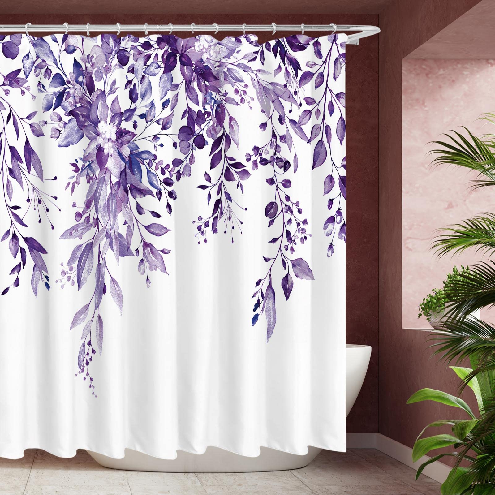 Tititex Purple Eucalyptus Shower Curtain Sets, Watercolor Leaves On The Top Plant With Floral Bathroom Decoration 72X78 Inch Wit