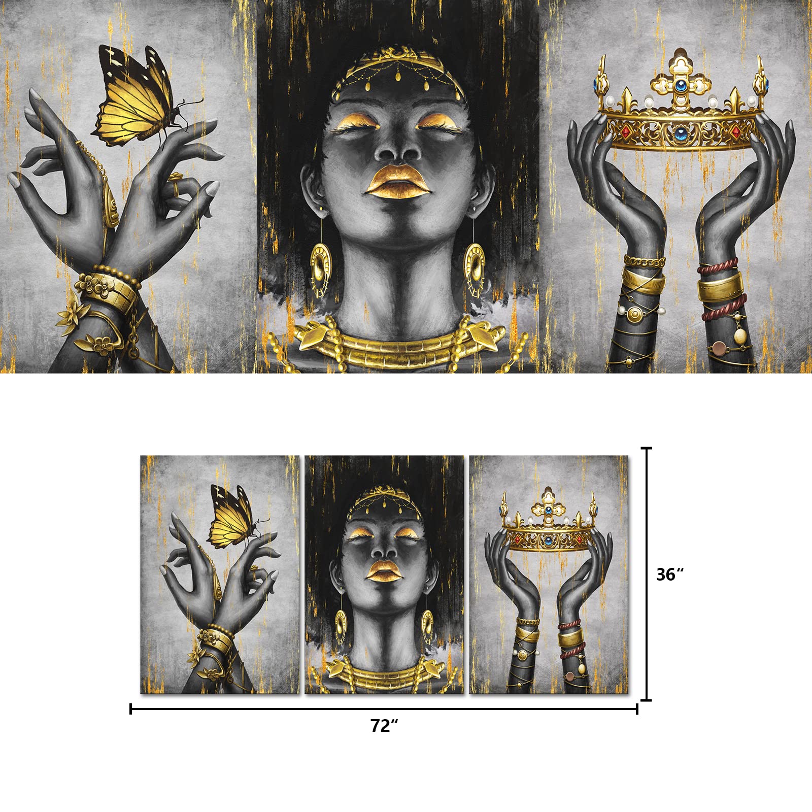 Welmeco African American Cavnas Wall Art Elegant Black Woman With Gold Necklace Crown Butterfly Painting Fashion Charming Woman