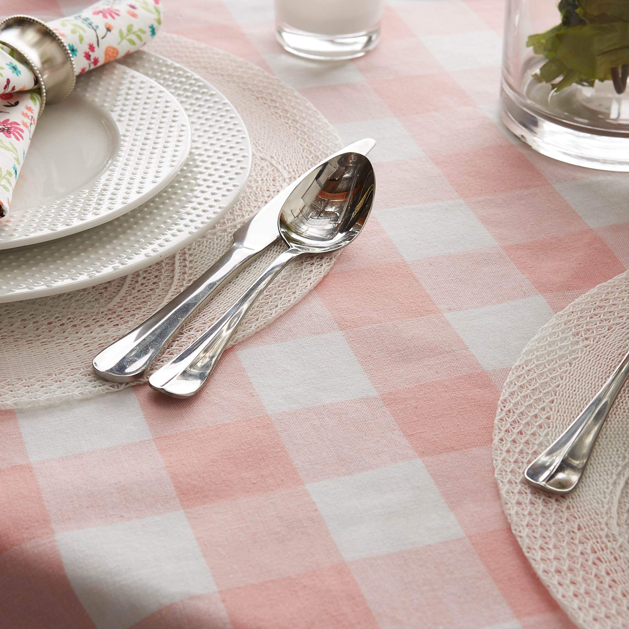 Dii Buffalo Check Collection, Classic Farmhouse Tablecloth, Table Topper, 40X40, Pink & White