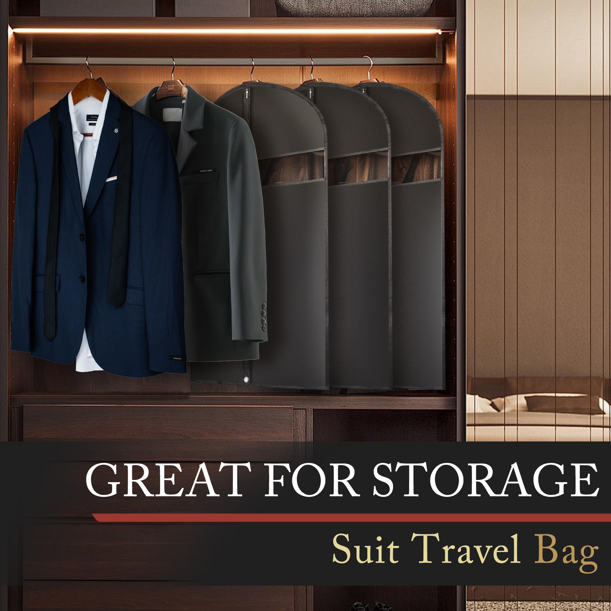 40-Inch Garment Bags For Travel, Garment Bags For Hanging Clothes With Zipper And Visible Transparent Window, 2 Pack,Black