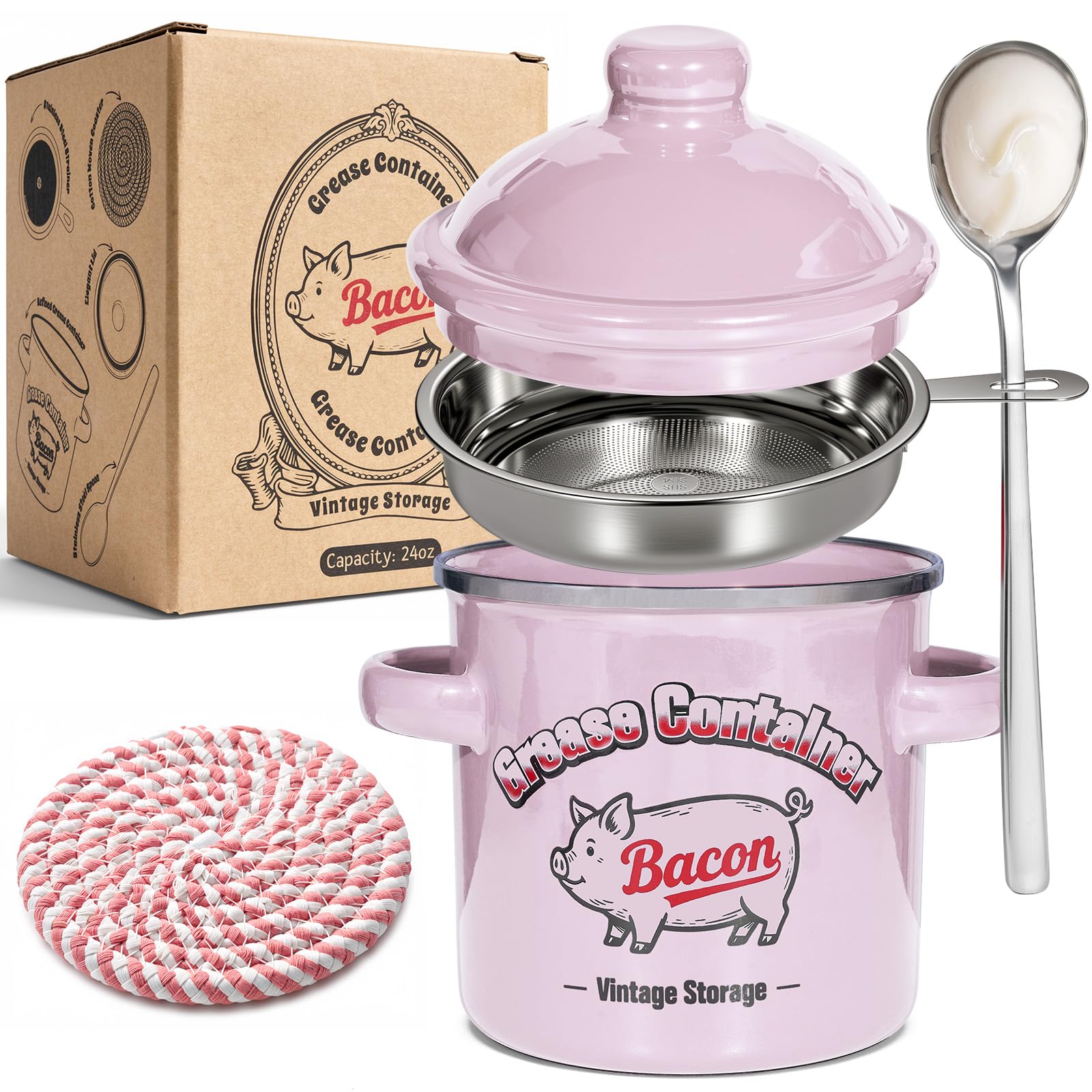ONEARF Bacon Grease Container with Strainer, Grease Saver Dishwasher Safe