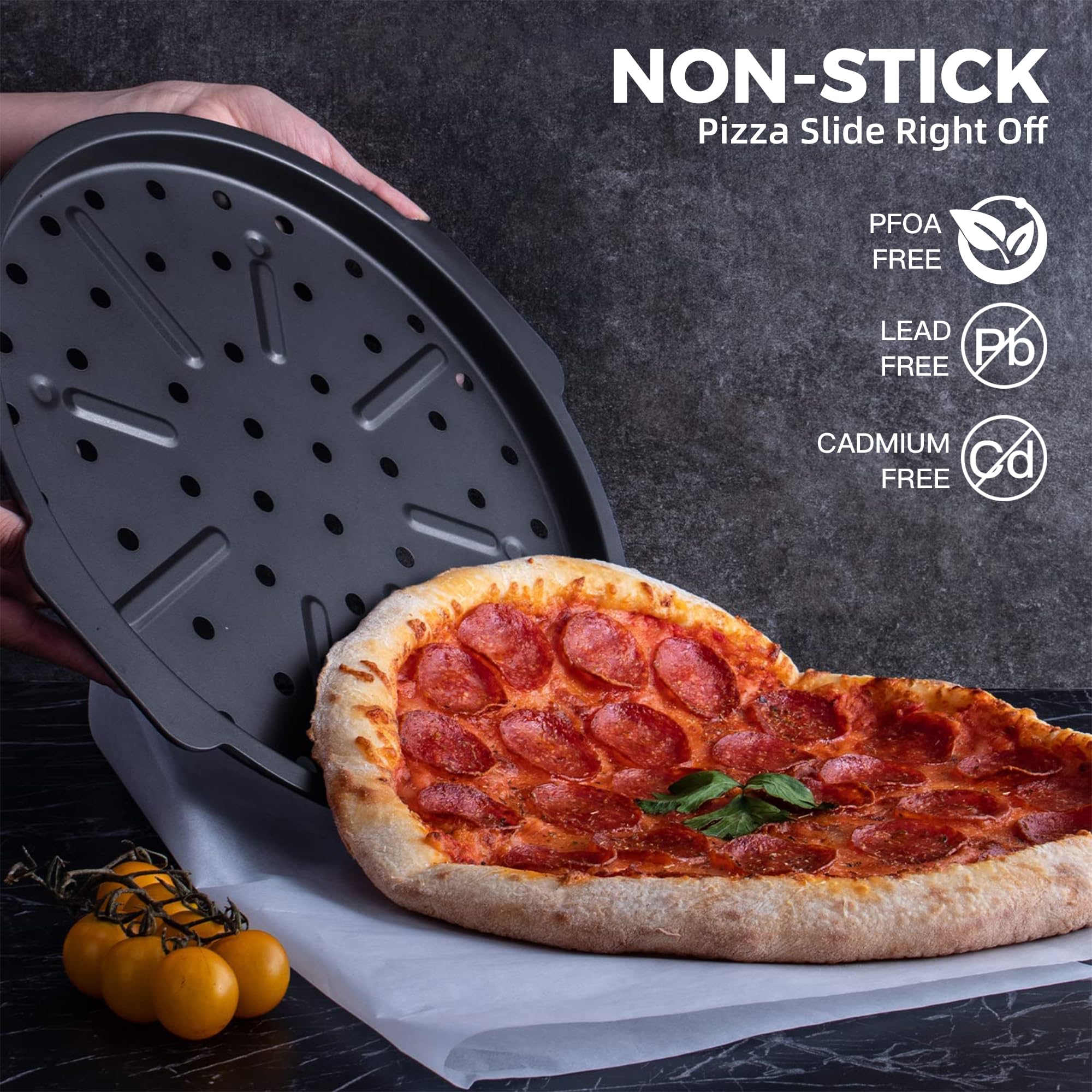 Hongbake 2 Pack Pizza Pan With Holes 12 Inch, Nonstick Pizza Tray For Oven With Widen Handles, Hot Air Pizza Crisper Tin, Round