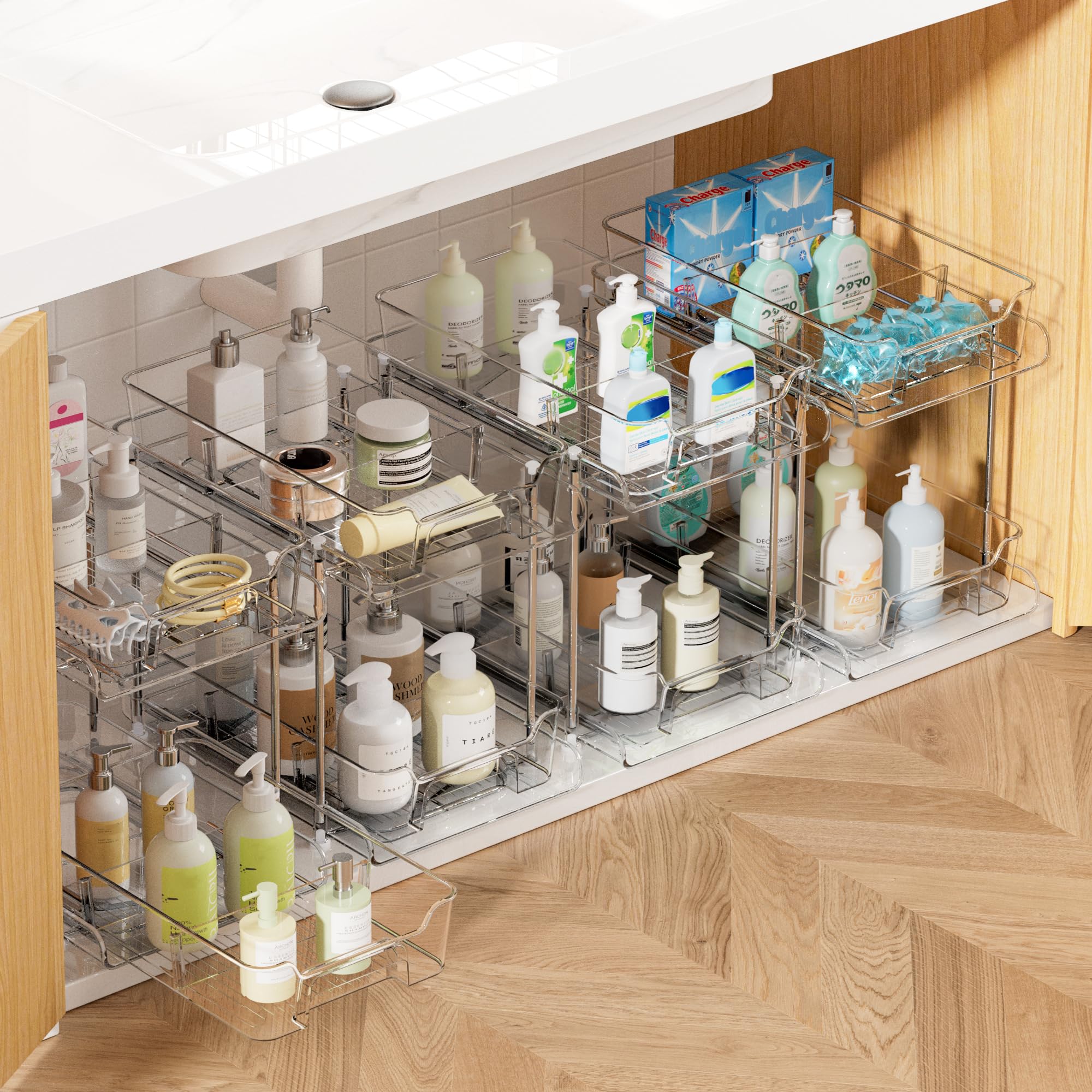 Vtopmart 4 Pack 2 Tier Bathroom Under Sink Organizers and Storage, Clear Kitchen Pantry Organization, Pull Out Medicine Cabinet 