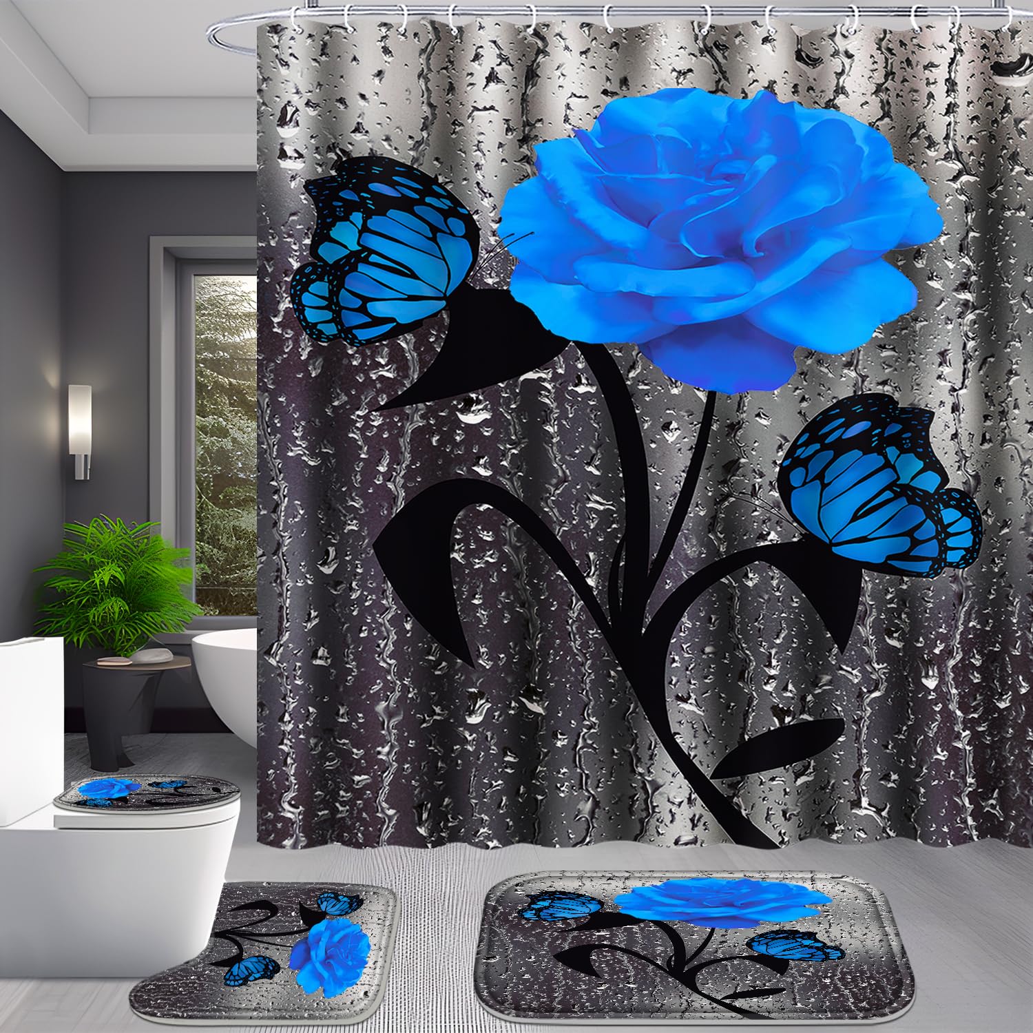 Poedist 4 Pcs Bathroom Set,Blue Rose Shower Curtain Sets, Floral Shower Curtain Sets With Rugs(Bath Mat,U Shape And Toilet Lid C