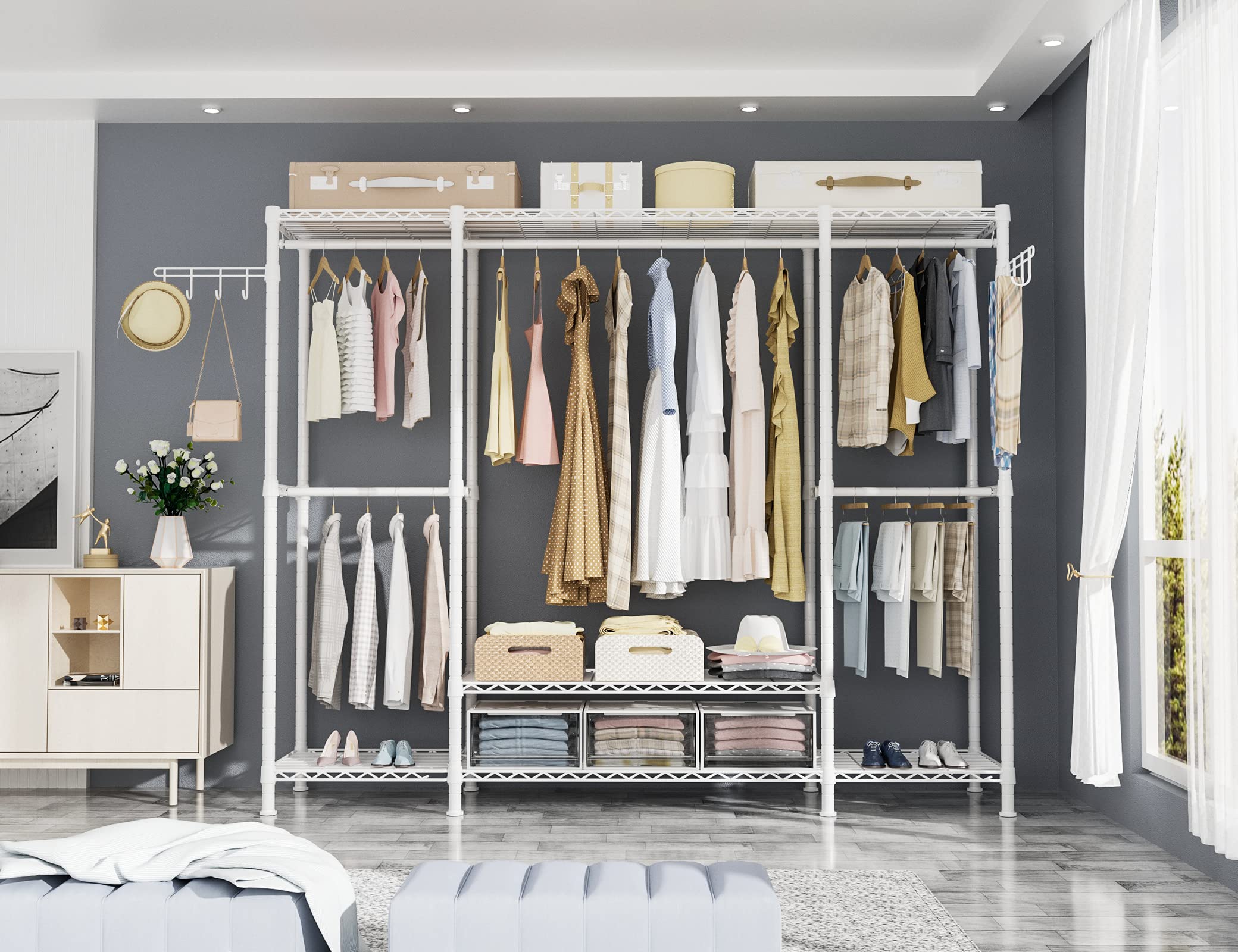 Ulif E3 Heavy Duty Garment Rack, 4 Tiers Freestanding Closet Organizer System With 5 Shelves, Metal Closet Organizer And Storage
