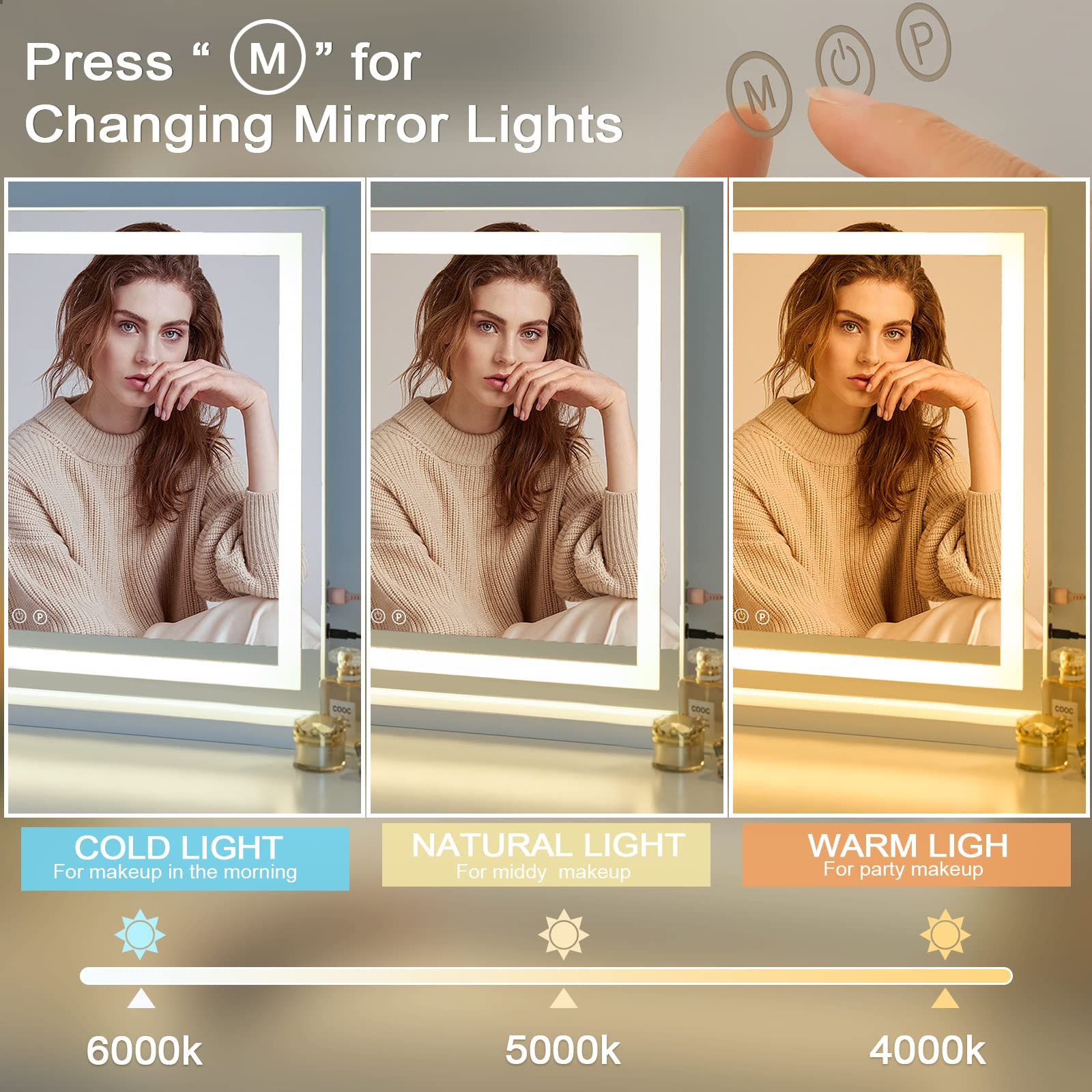 Sucedey Vanity Mirror With Lights, 23'' X 18'' Makeup Mirror, Hollywood Mirror With 3 Color Modes & Adjustable Brightness, Detac