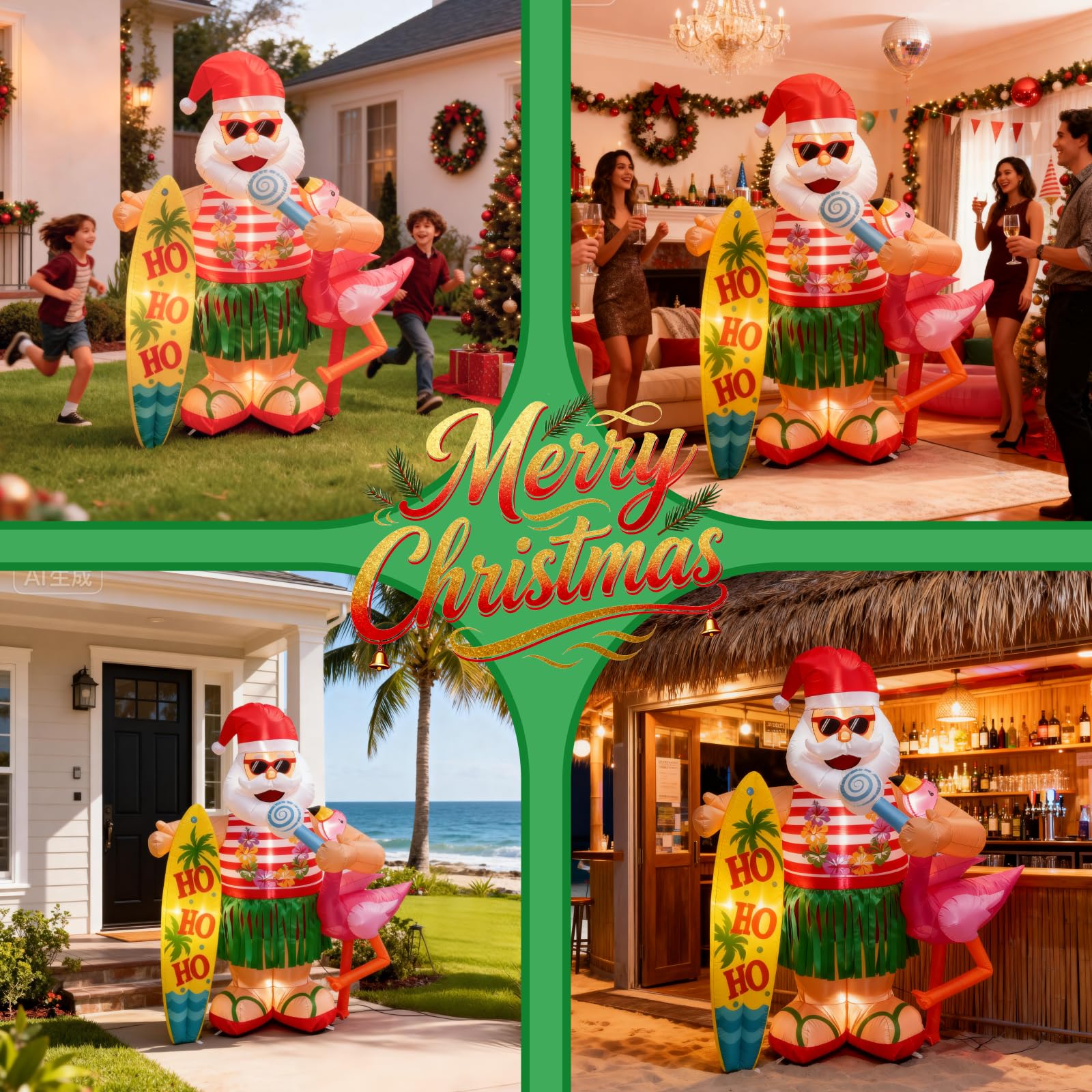 ZOOMATOOE 6FT Christmas Inflatable Hawaiian Santa Claus with Flamingo and Surfboard Outdoor Decoration, Tropical Blow up with Bu