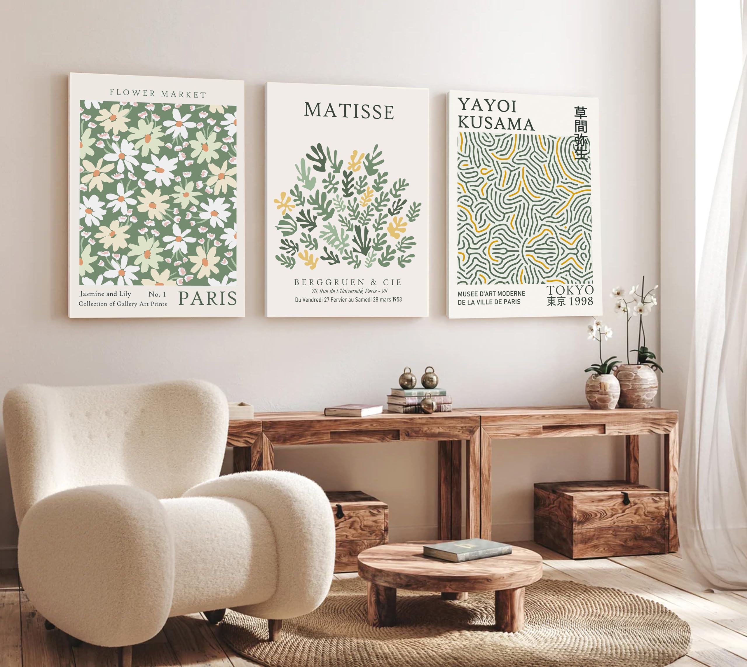 Induslyfe Large Framed Green Wall Art Canvas Decor Set Of 3, Matisse Wall Art Framed Prints Poster Mid Century Modern Art, Aesth