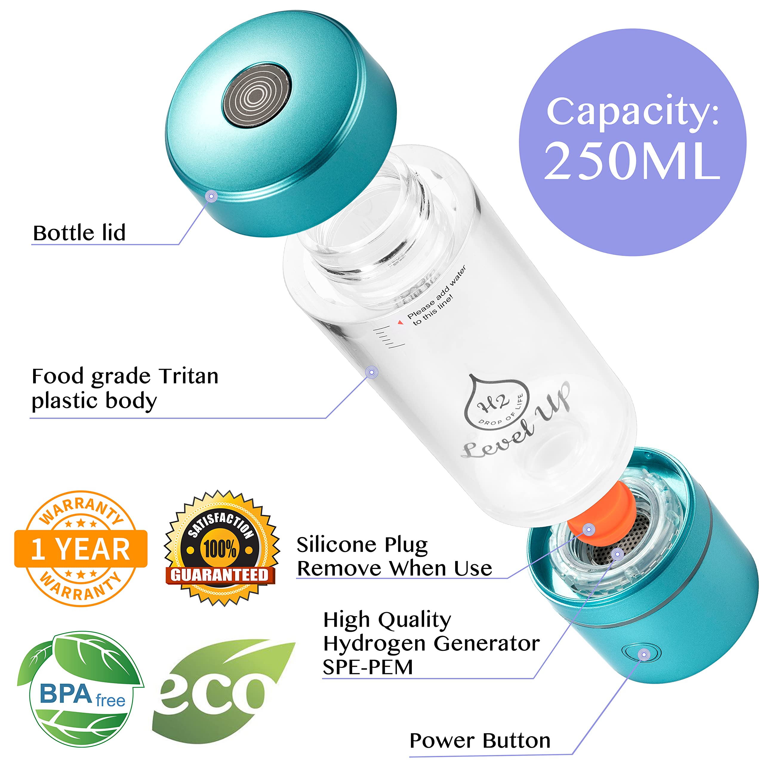 Level Up Way Hydrogen Water Bottle Generator – 2500 PPB H2 – Dual Chamber SPE PEM Technology – Blue