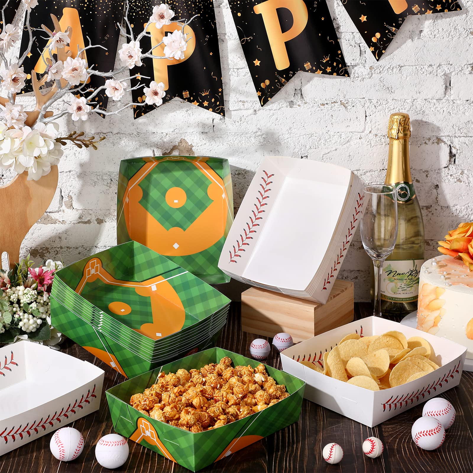 Teling 36 Pcs Baseball Theme Party Supplies 5 Lb Baseball Plates Food Trays Nacho Boats Large Paper Food Boats Nacho Trays Dispo