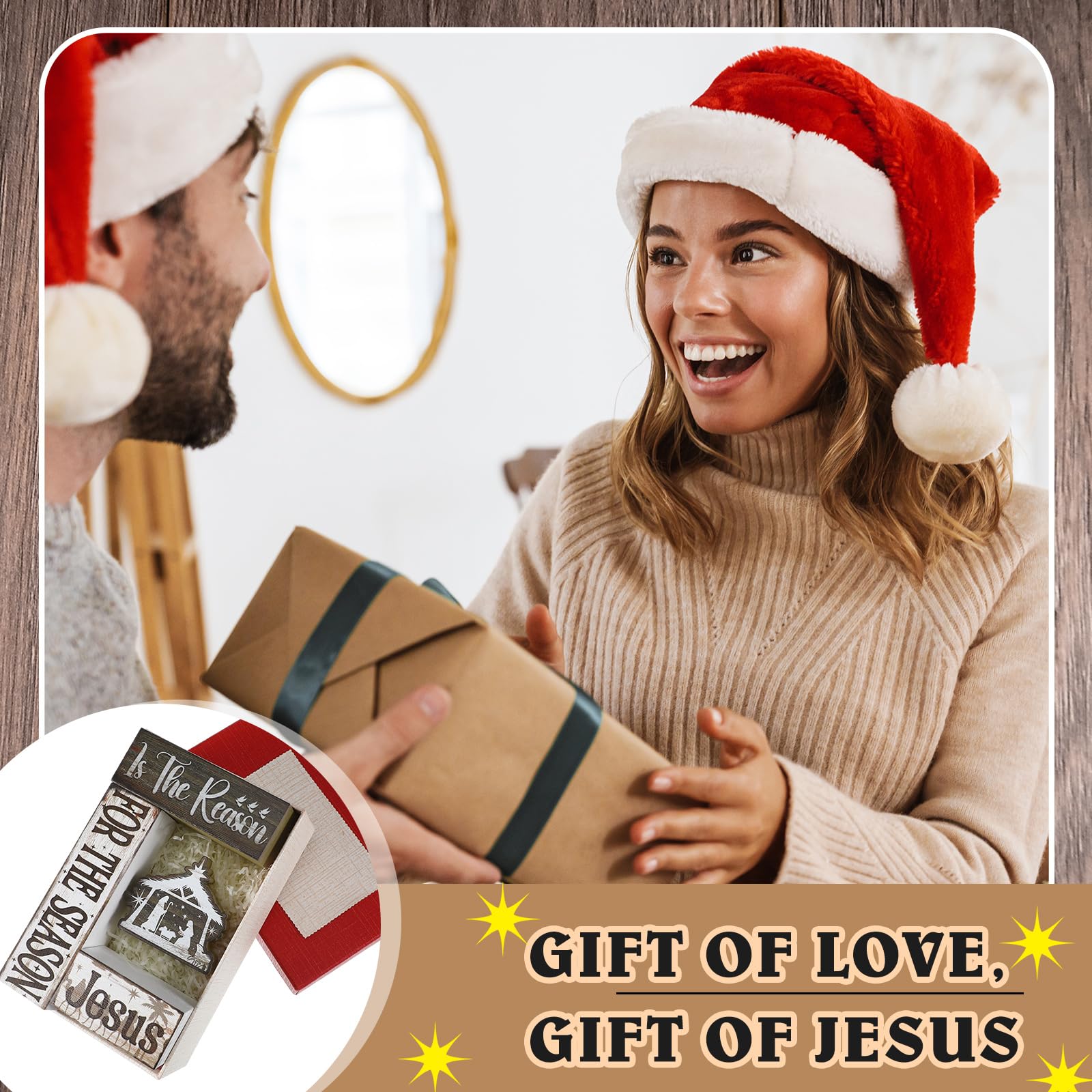 Moucuny 4 Pcs Christian Religious Table Decor Jesus Is The Reason for The Season Wooden Decorative Signage Christmas Tiered Tray