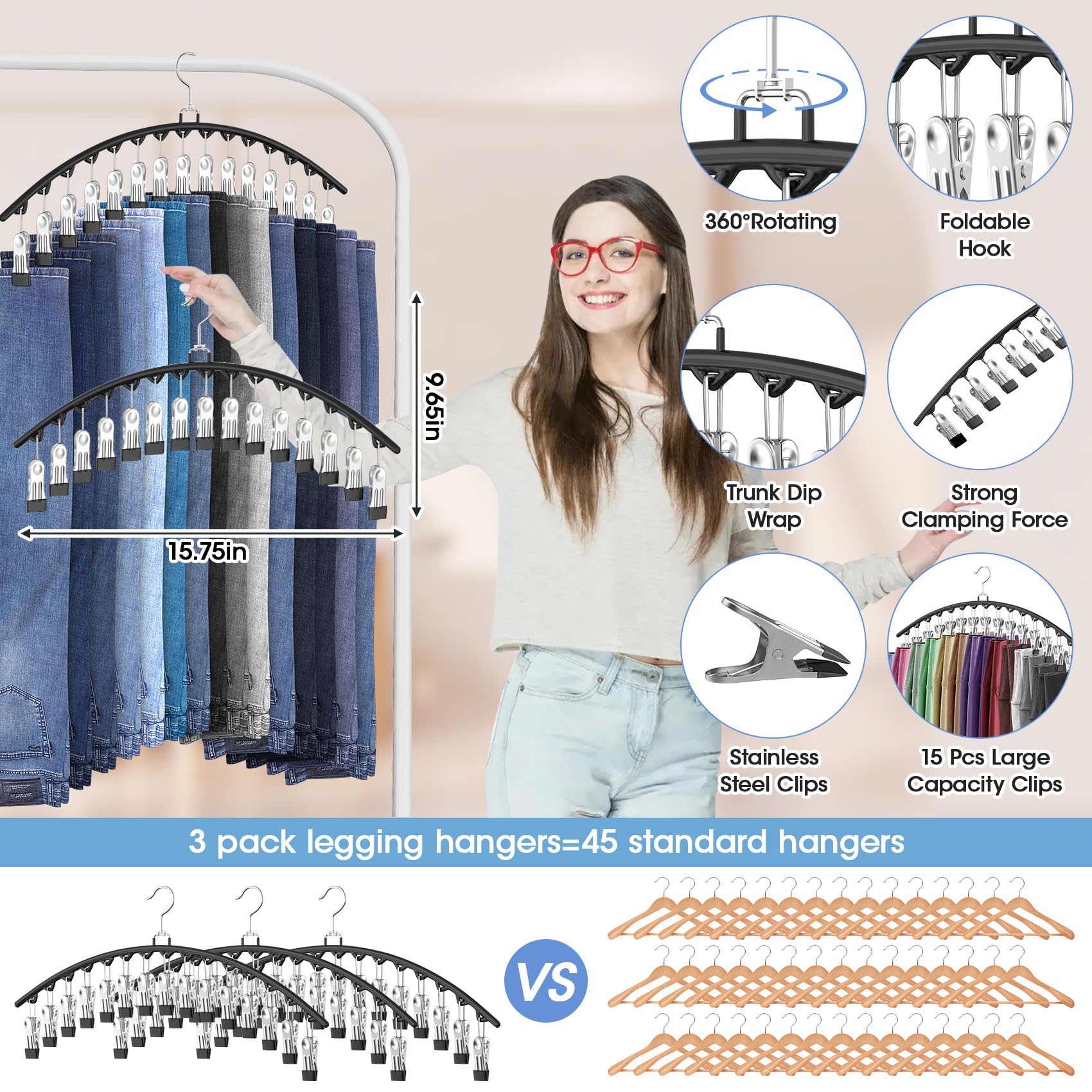 3 Pack Legging Organizer For Closet Hanging, Pants Hangers With 15 Clips Holds 45 Leggings, Shorts, Skirts, Jeans, Hats, Pants H