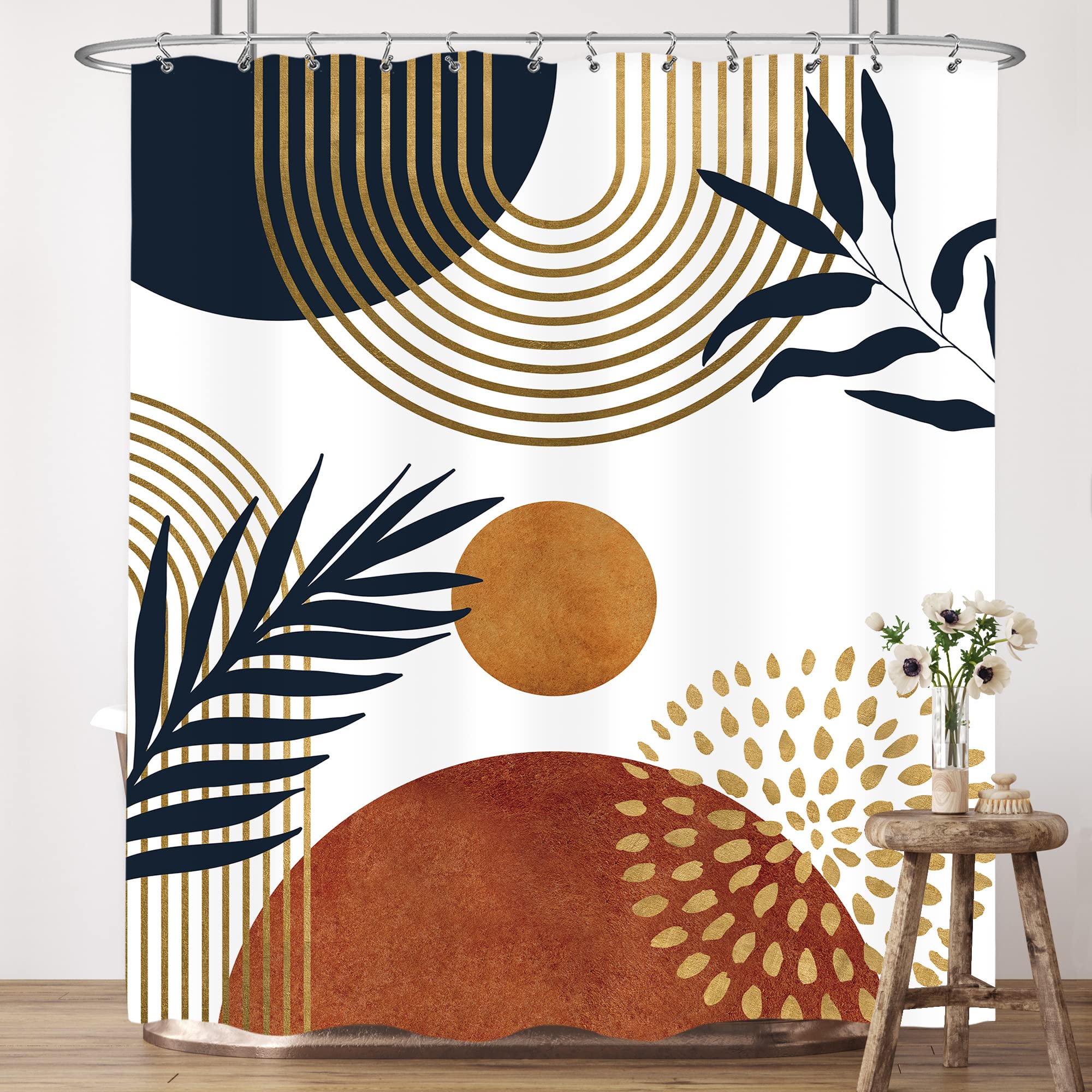 Lightinhome Boho Mid Century Shower Curtain 60Wx72H Inches Abstract Golden Dots Leaves Modern Geometric Minimalist Aesthetic Bat