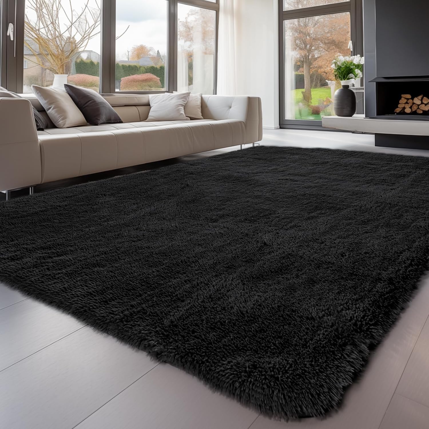 Sour Lemon Area Rugs 9x12 Living Room, Black Large Area Rug Shag Shaggy Carpet Soft Plush Furry Bedside Rug, Machine Washable Ar