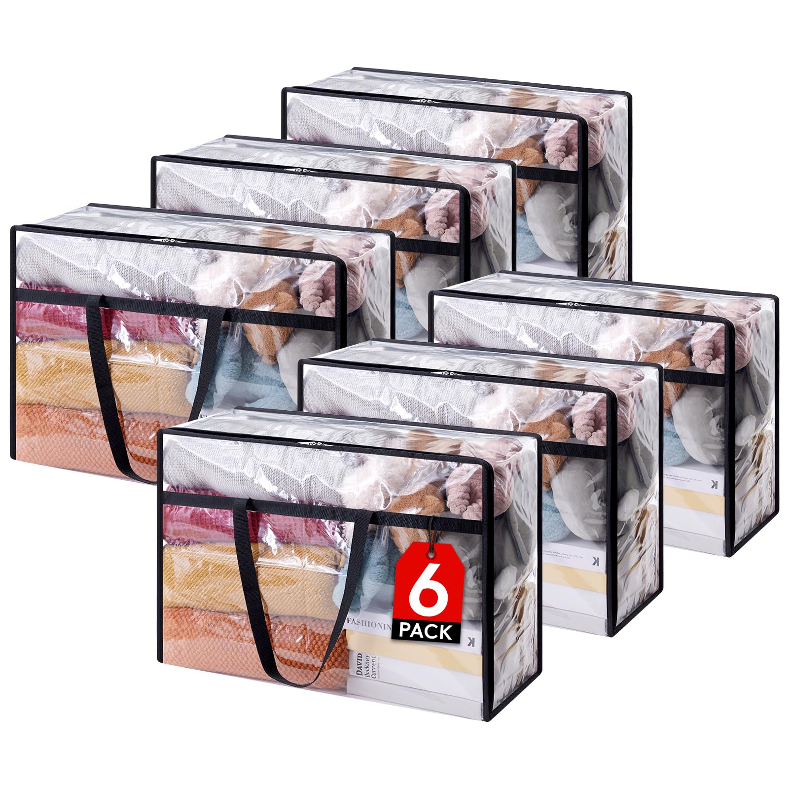 Lifewit 6 Pack Clear Clothes Storage Bags, 60L Plastic Blanket Storage Bags, Vinyl Foldable Moving Bags with Zipper, Closet Orga