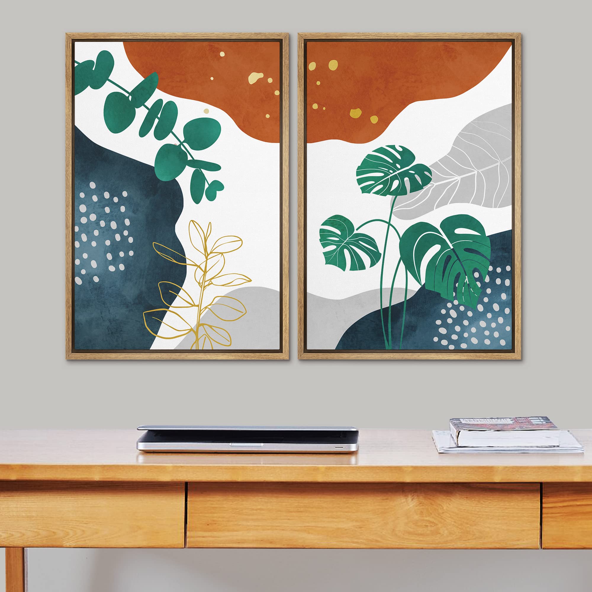Signford Framed Canvas Print Wall Art Set Mid-Century Nordic Geometric Zen Plants Abstract Shapes Illustrations Modern Art Decor
