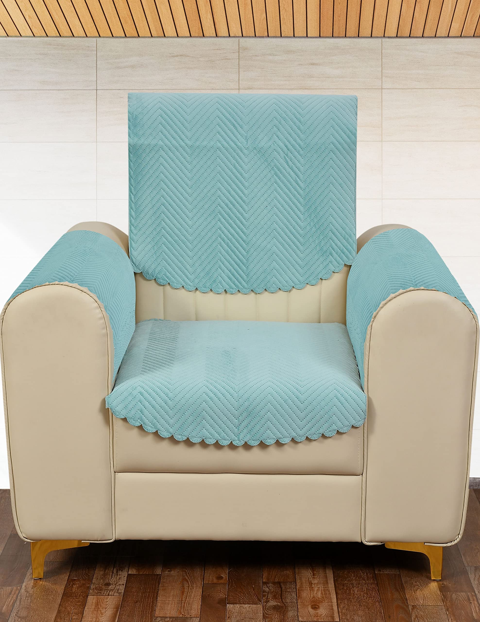 Yellow Weaves 1 Seater Quilted Sofa Chair Cover With Arm Cover, Seat & Back Cover, Color - Sky Blue