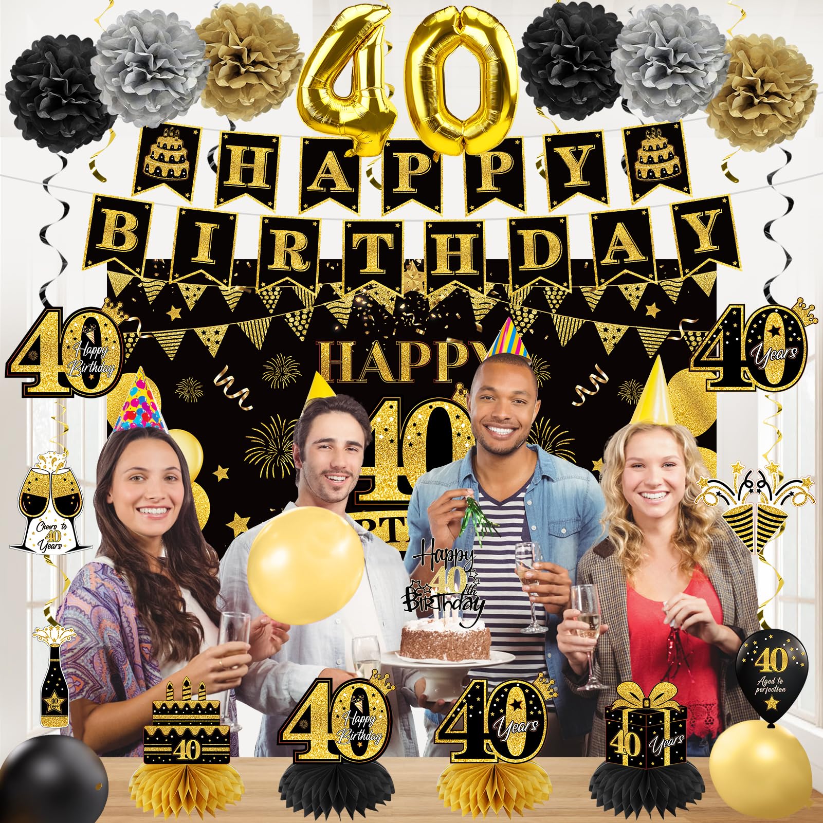 Eucutur 42Pcs 40Th Birthday Decoration Kit For Men Women, Black Gold Happy 40Th Bday Banner Balloons Honeycomb Centerpiece Swirl