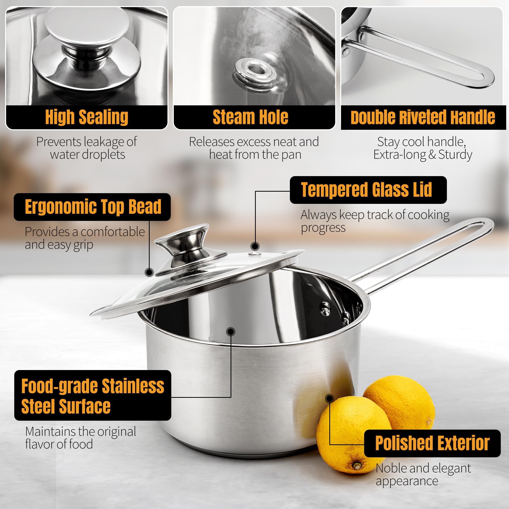 Aufranc Stainless Steel pots and pans set, 6 Piece Nonstick Kitchen Induction Cookware Set,Works with Induction/Electric and Gas