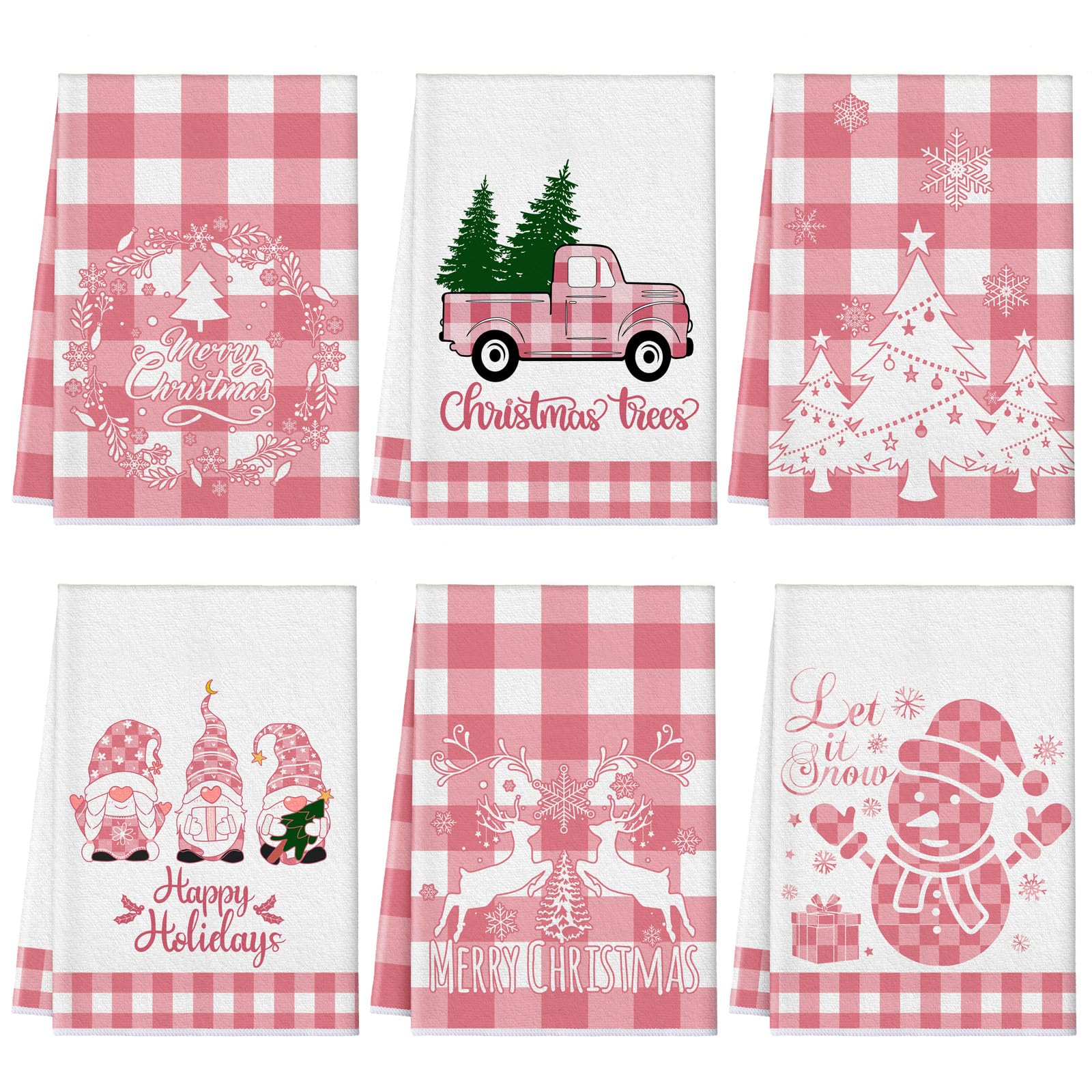 Sratte 6 Pcs Pink Christmas Kitchen Towels Pink White Buffalo Plaid Dishtowels Absorbent Winter Gnome Truck Snowman Bathroom Han