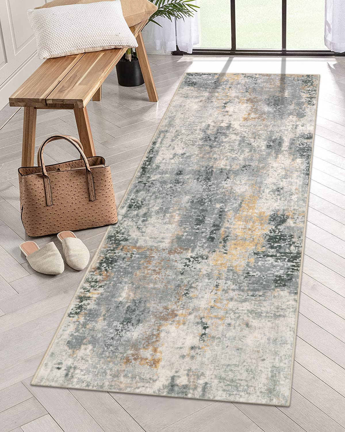 Lahome Modern Abstract Runner Rug - 2x7 Gray Soft Long Hallway Rug Runner Kitchen Mat, Non-Slip Machine Washable Indoor Throw Ca