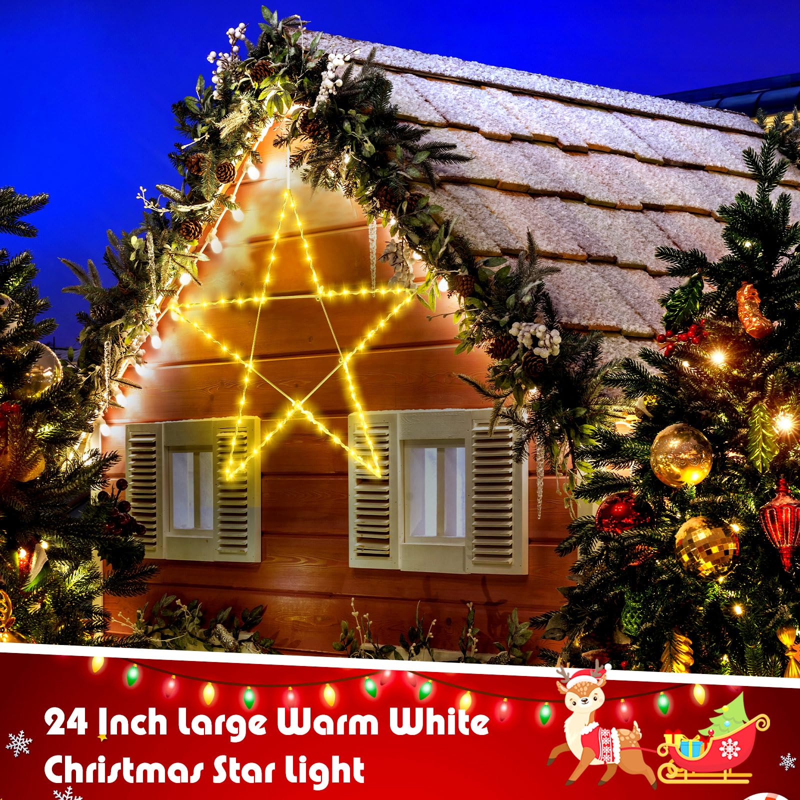 Retisee 24 Inch Large Lighted Christmas Star Warm White LED Xmas Outdoor Light up Star Motif for The Top Wall Hanging Christmas